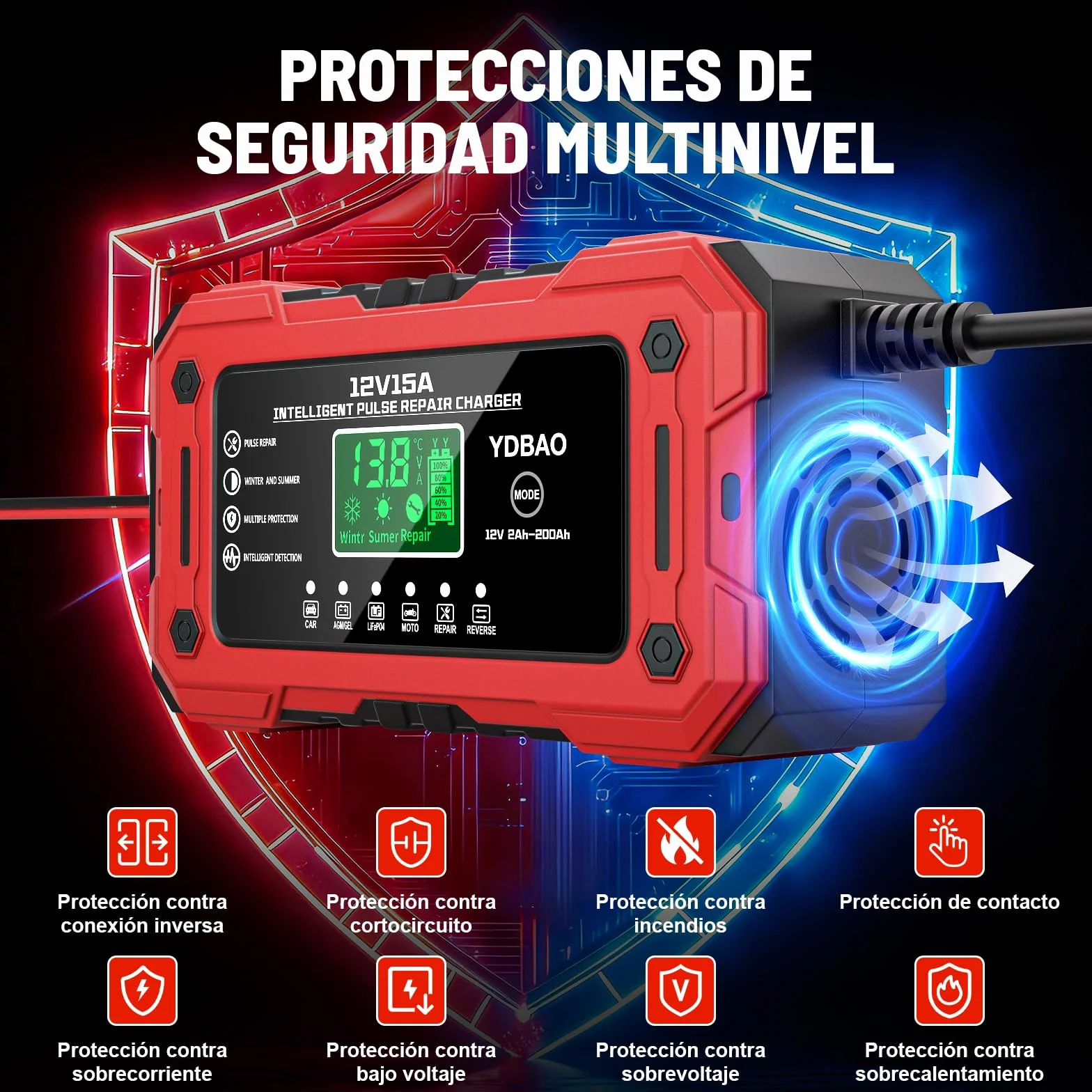 YDBAO 12V 15A Cargador de Batería de Coche Cargador Baterias Coche y Moto Inteligente con Reparación y Pantalla LCD y Múltiples Protecciones Cargador bateria para Coche Moto AGM SLA Gel LiFePO4