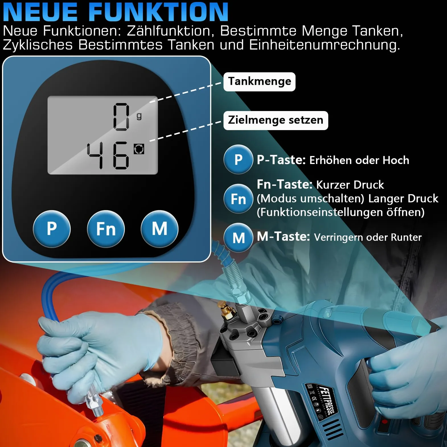 Pistola engrasadora inalámbrica compatible con batería Makita de 18 V, prensa de engrase eléctrica con función de dosificación, incluye manguera de alta presión de 100 cm, 3 boquillas, motor sin