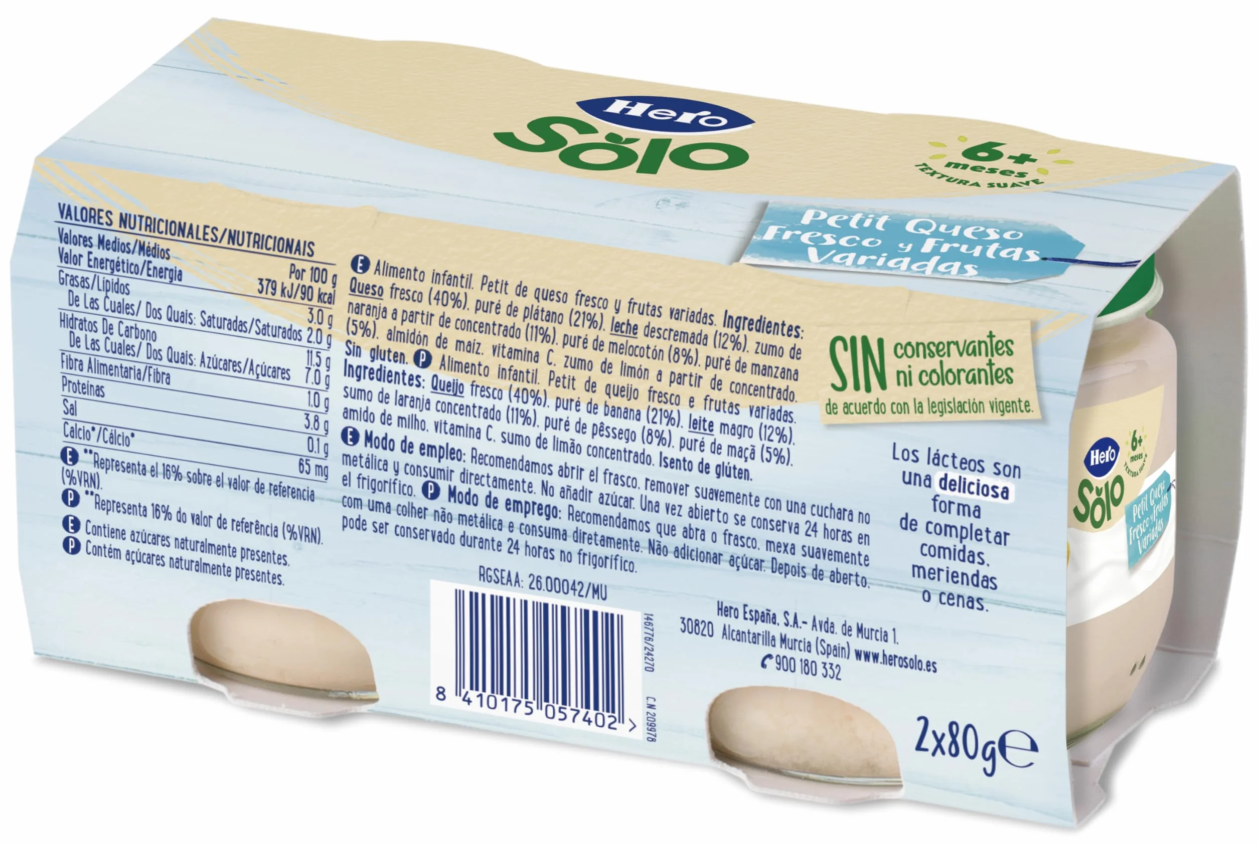 Hero Baby Tarrito Infantil Queso Fruta Variada Fuente de calcio vitamina C Sin Aceite de Palma 100% naturales 80g Paquete 24