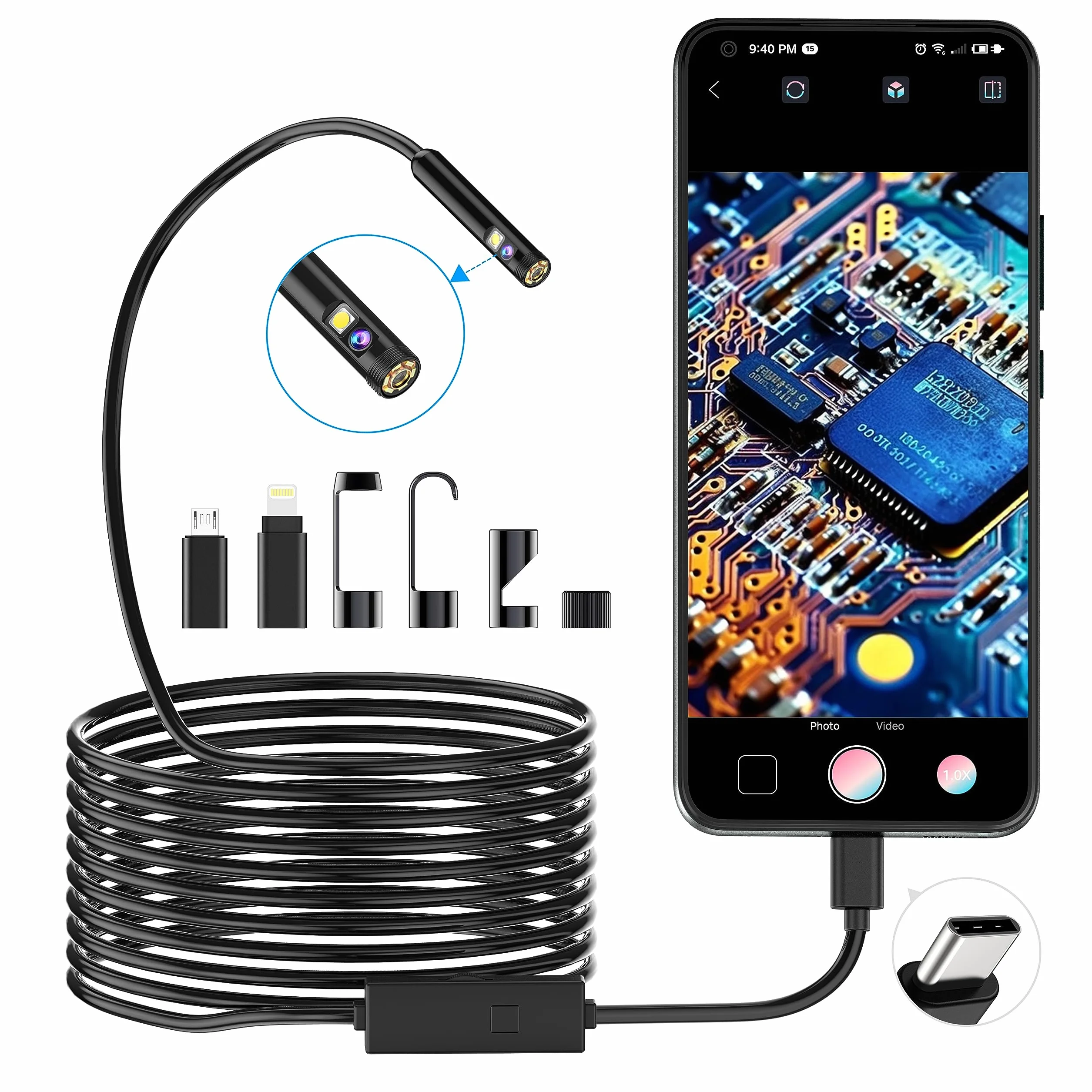Boroscopio de inspección de Serpiente de Doble Lente 1920P, endoscopio pancellent Tipo C, cámara de Alcance con 8 Luces LED para Smartphone Android e iOS, iPhone, iPad, Samsung (5 M)