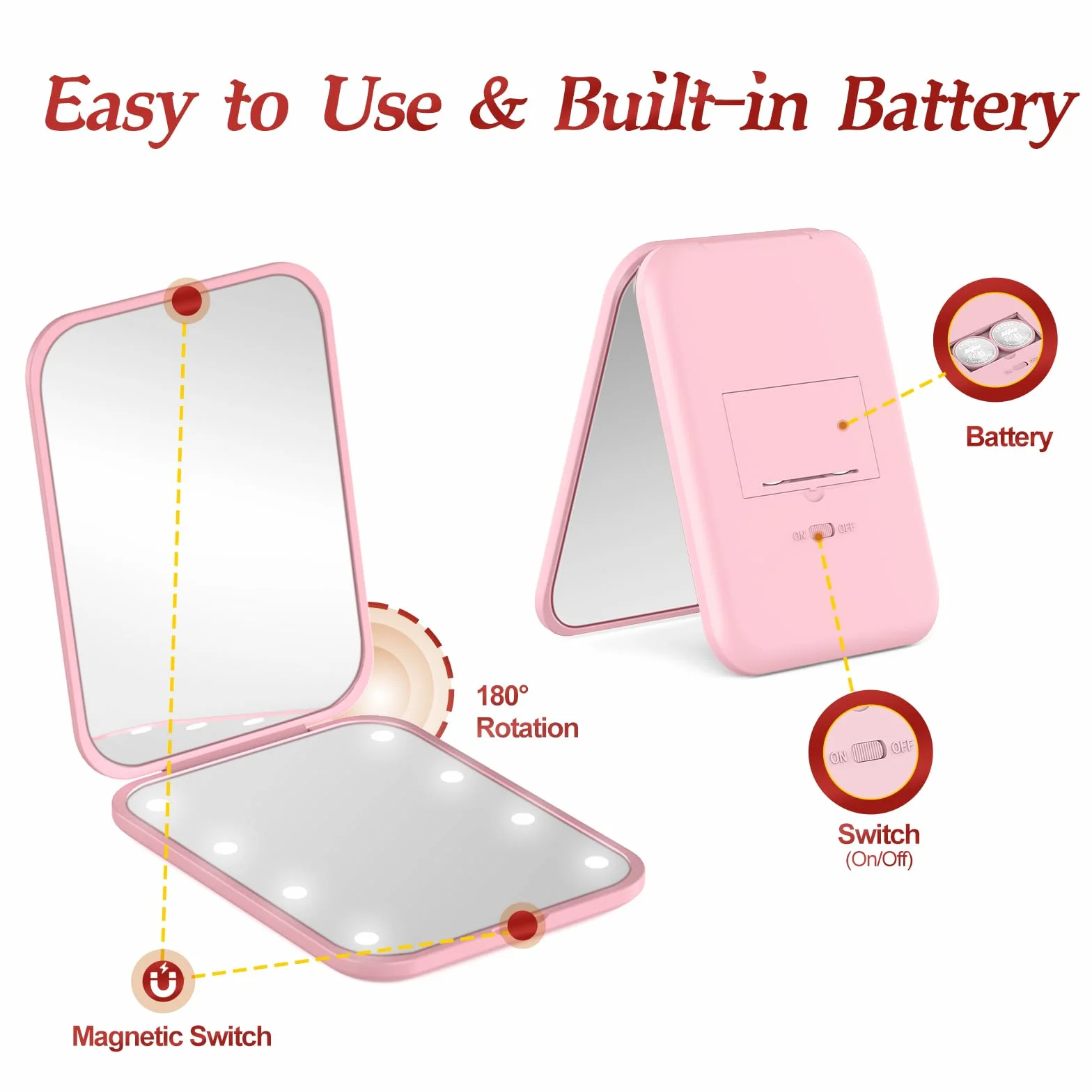 Espejo portátil con luz LED 1x/3x plegable maquillaje rosa