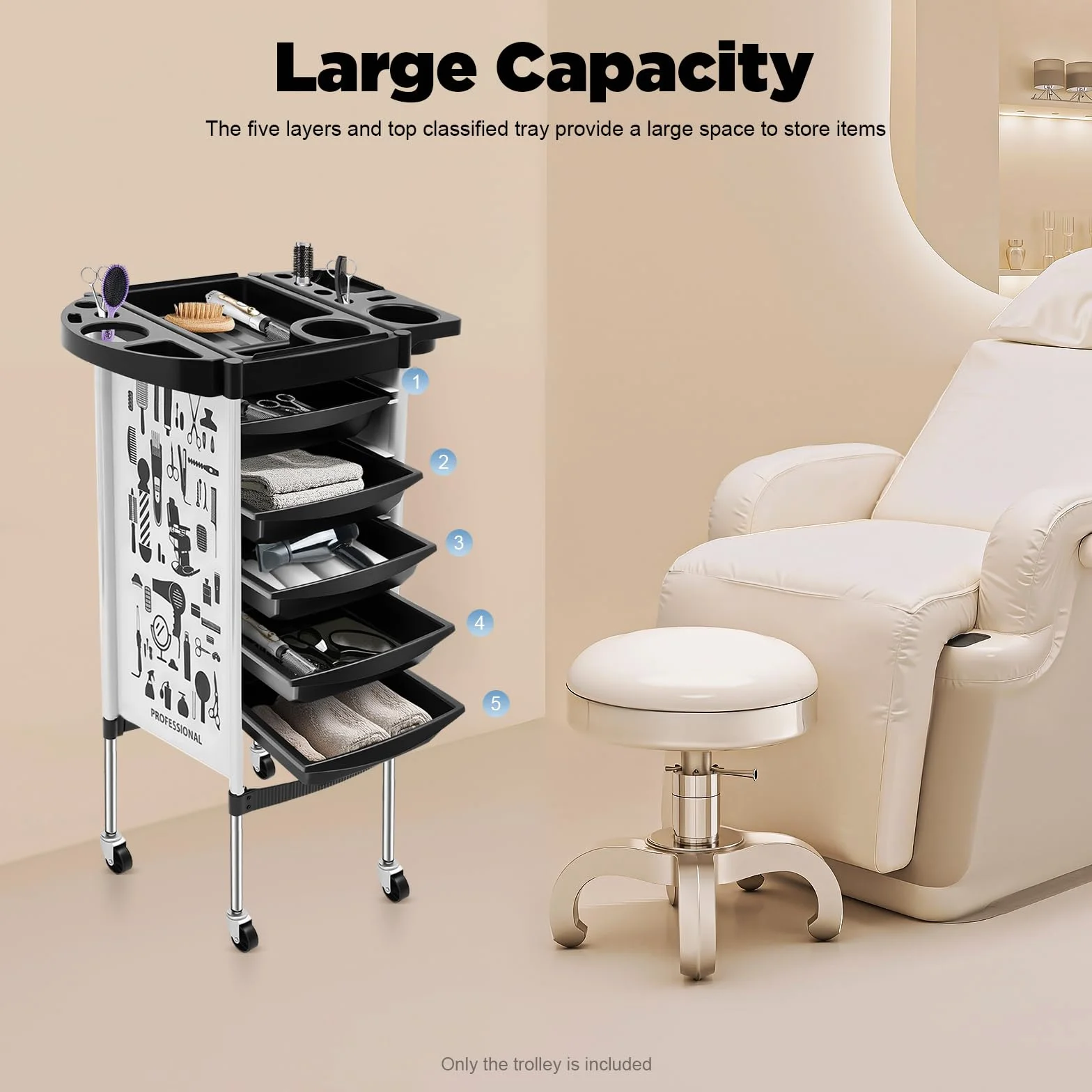 MINRS Carrito de peluquería 52x36x90 cm 5 cajones extensibles blanco