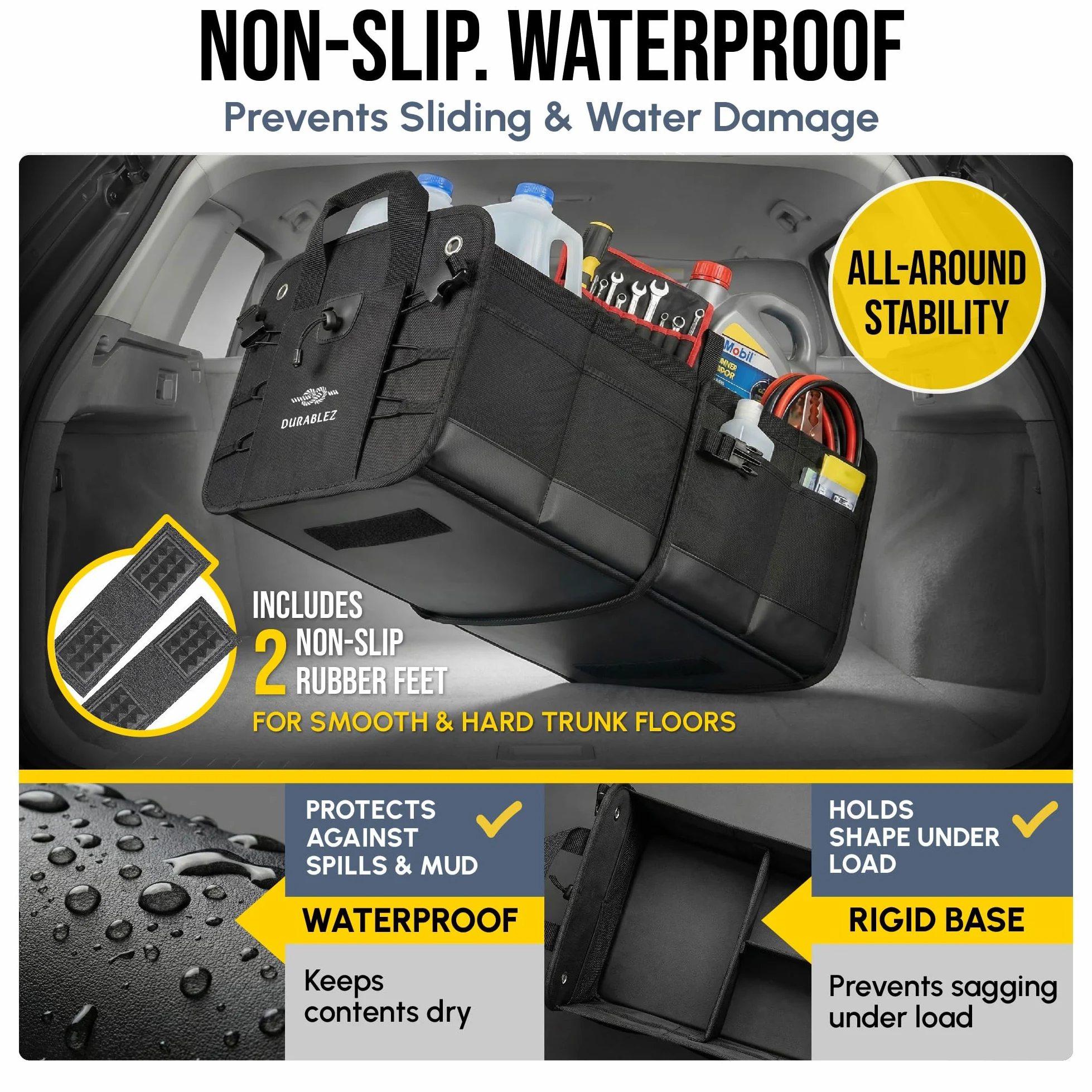 Organizador de maletero de coche, plegable, con red de cobertura, separadores extraíbles, almohadillas antideslizantes acoplables, correas de montaje y ganchos inoxidables, para SUV, camión, sedán,