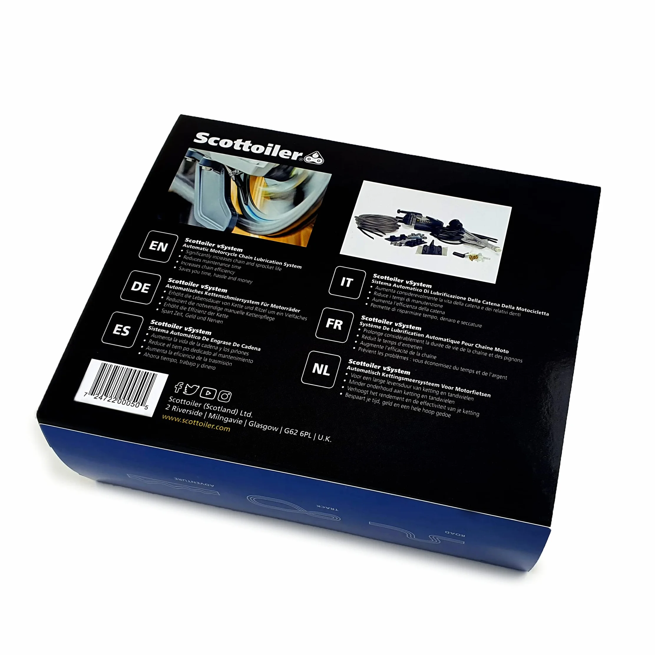 Scottoiler Essentials - Micro-vSystem - Lubricador Automático de Cadena de Motocicleta con Extensor de Alcance Traveller y Recarga de 500ml de Scottoil Azul Estándar - BUNDLE Kit de Largo Alcance