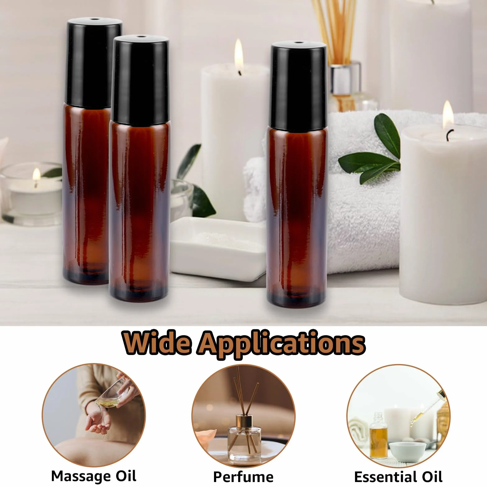 Frascos Vidrio Ámbar 10ml Roll on para Aceites Esenciales, 24 Botellas Antiluz con Tapón, Sin BPA
