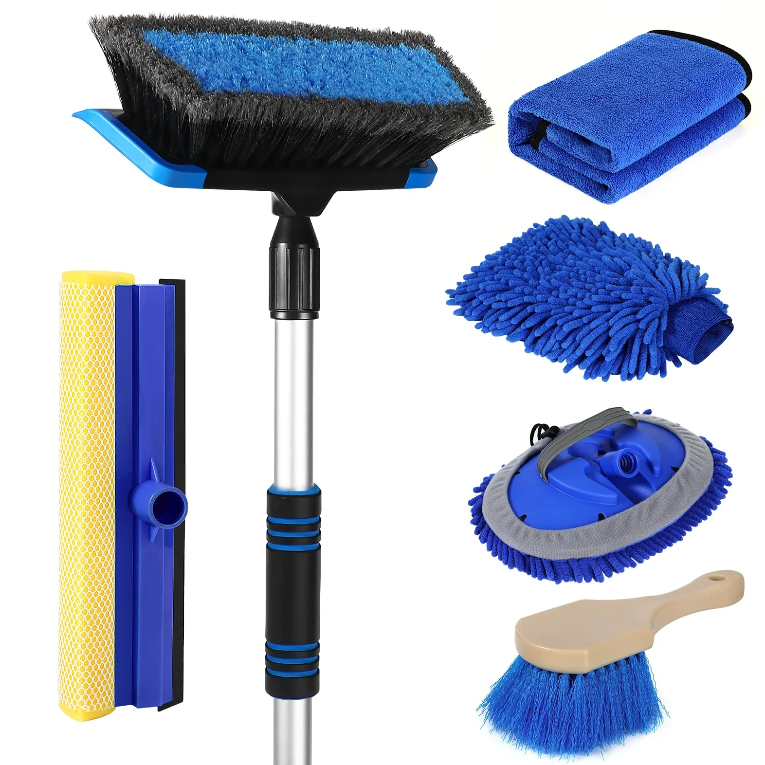 Wontolf Cepillo de Lavado de Coche de 62 Pulgadas con Mango Largo, cerdas Suaves sin arañazos, Cepillo Resistente para Lavado de Coche, Kit de Limpieza Completo con Guante de Lavado de Coche, Toalla,