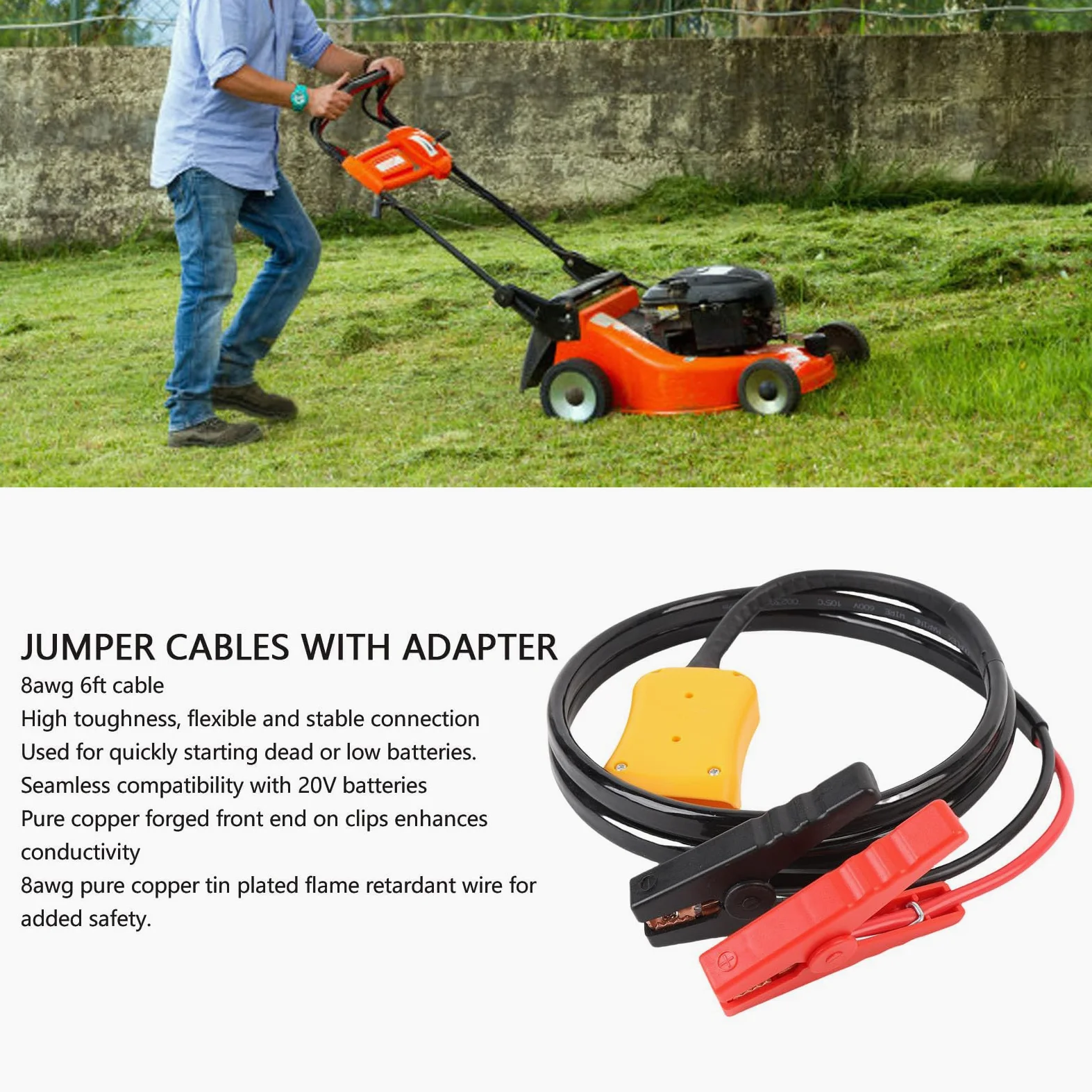 Qqmora Cables de Puente con Adaptador, Abrazaderas de Cable de Arranque de Batería de 8 AWG de 6 Pies para Baterías de 20 V, Automóviles, Camiones, SUV, Motocicletas, Alambre Reta
