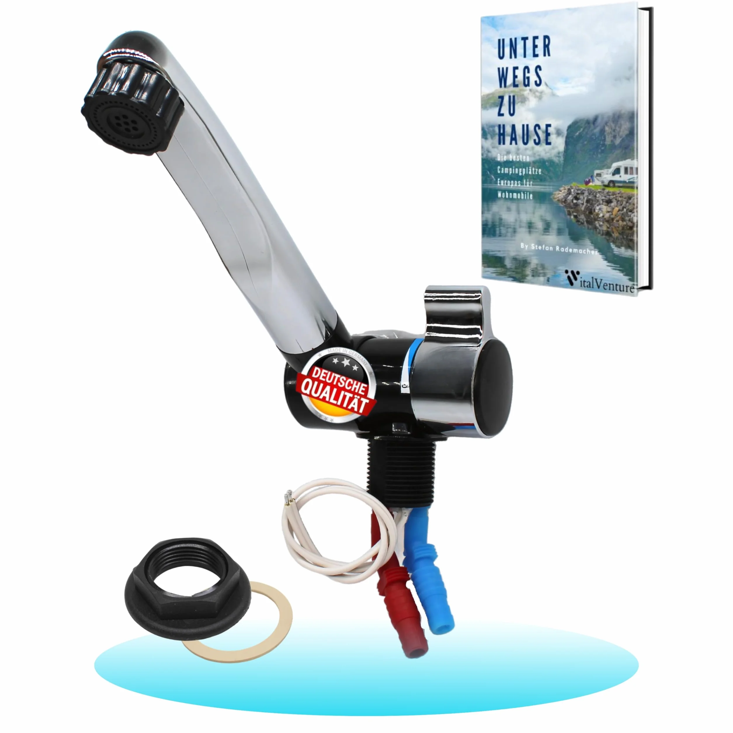 Comet Grifo de camping 12V London para autocaravana - Con 2 conexiones (agua caliente y fría), negro/cromado, grifo compacto con bomba, ideal para lavabo