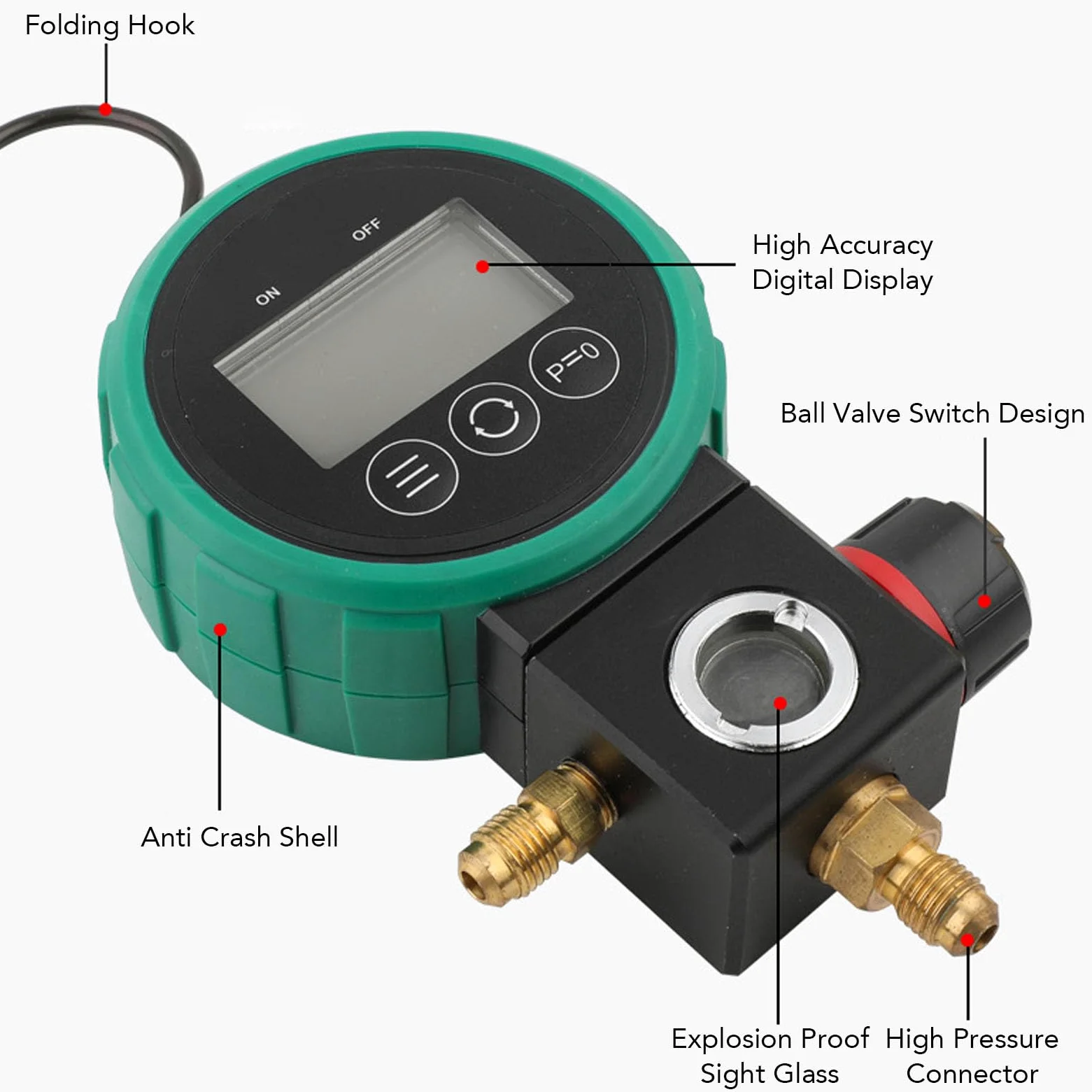 Manómetro digital HVAC, sensor de alta precisión, medidor de vacío con manguera y adaptador, apagado automático, alarma de sobrepresión para refrigerante R22, R32, R410A