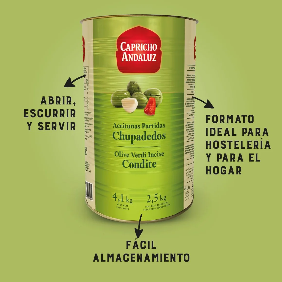 Capricho Andaluz Aceitunas Partidas Chupadedos Lata 4,1kg (2,5kg Escurrido) Aliño Tradicional Ajo Pimiento Profesional