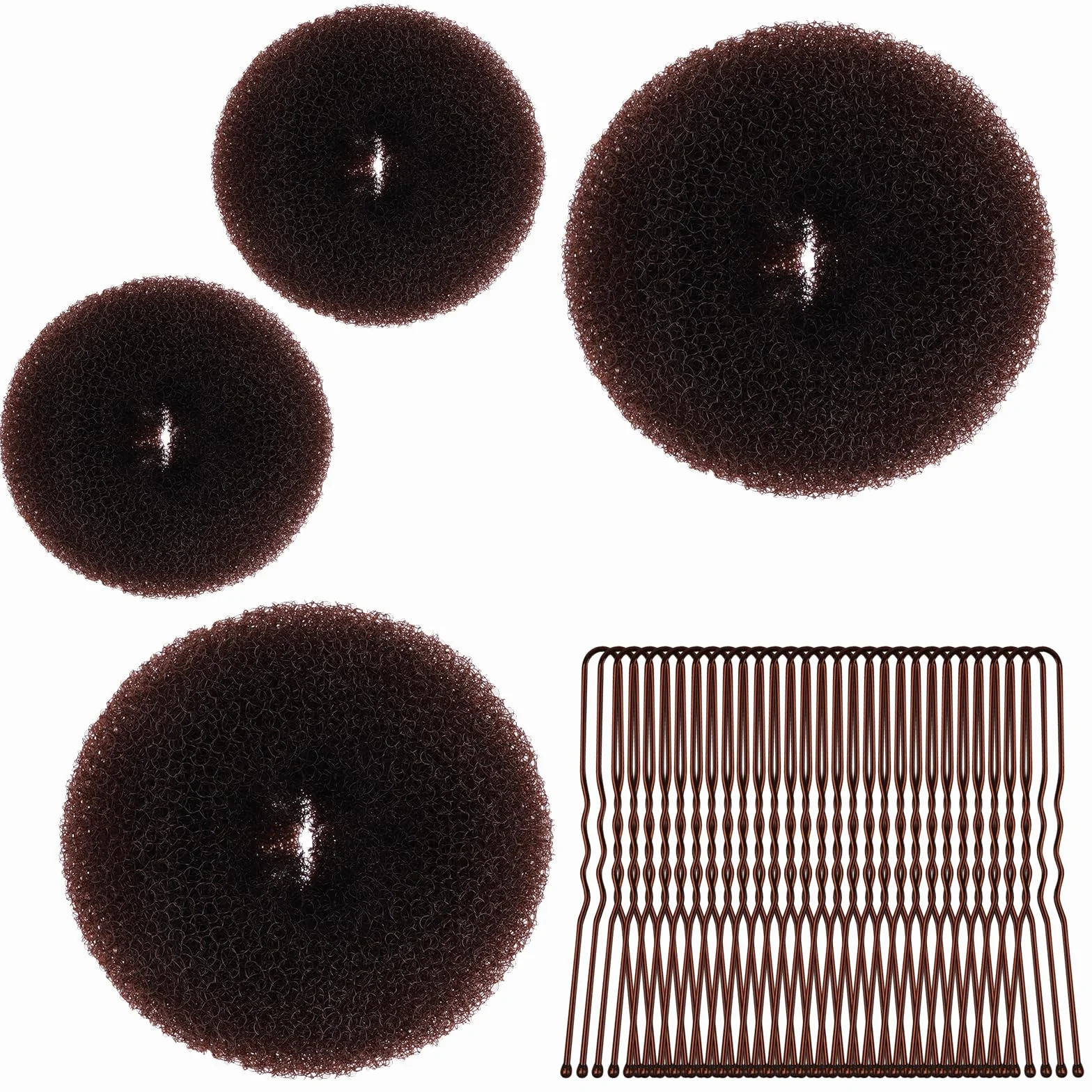 URAQT Donut Moño De Pelo 4PC Accesorios de Peinado Kit con 30 Horquillas en Forma de U para Bailarines Niñas Mujeres Marrón rojizo