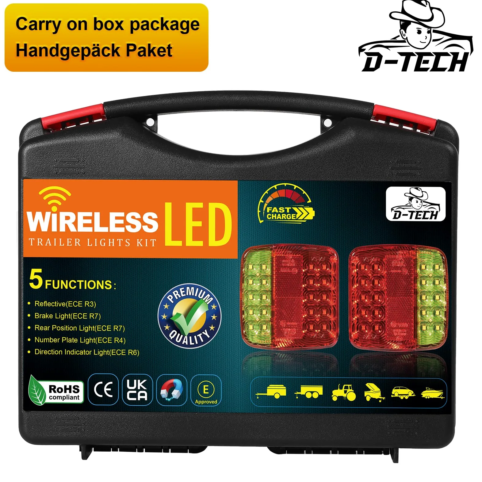 D-TECH pilotos LED inalámbricos, juego de luces traseras magnéticas para remolque, luces homologadas ECE EMC impermeables