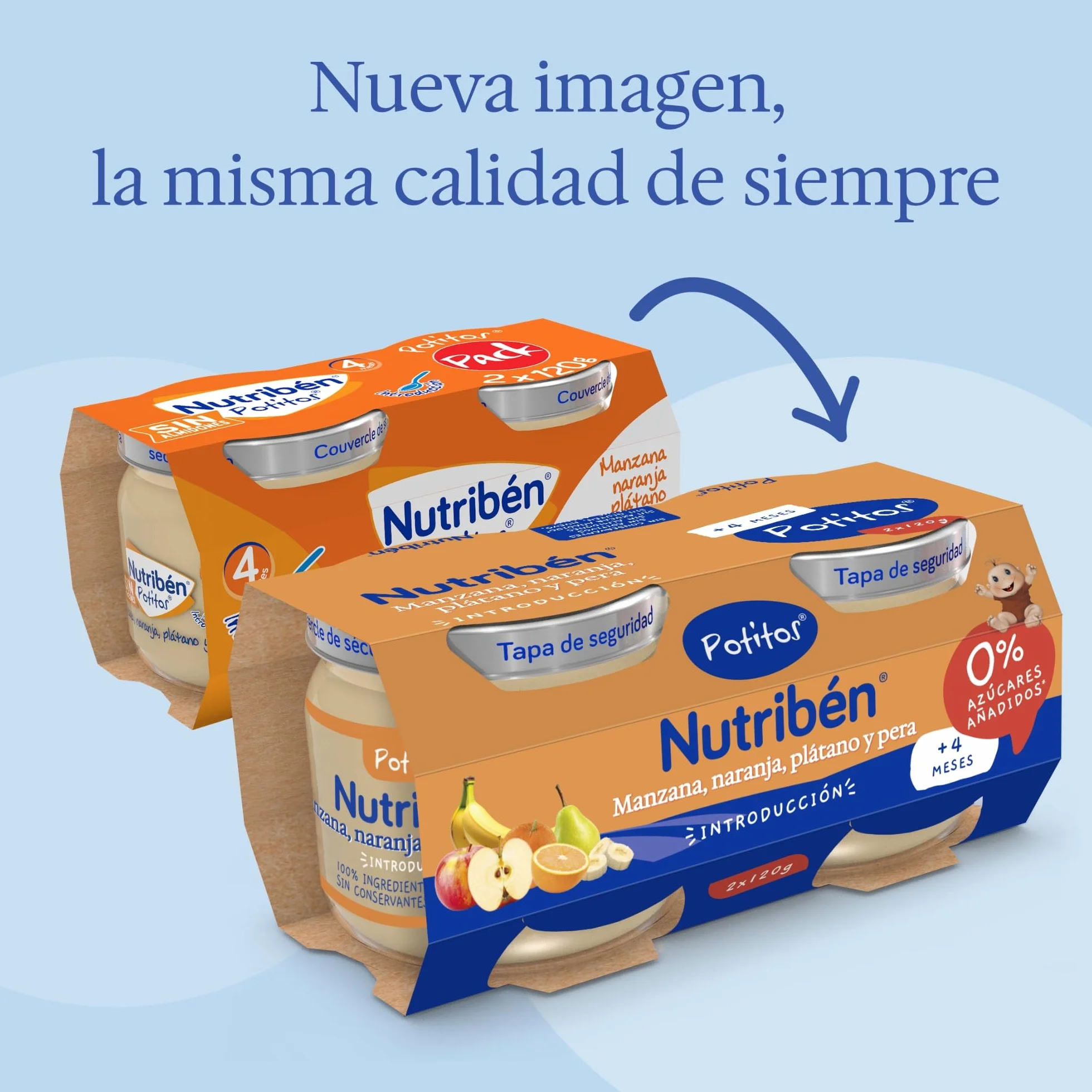 Nutribén Potitos pack Merienda Manzana Naranja Plátano Pera Sin almidones 4 meses 3 bipacks 6x120gr