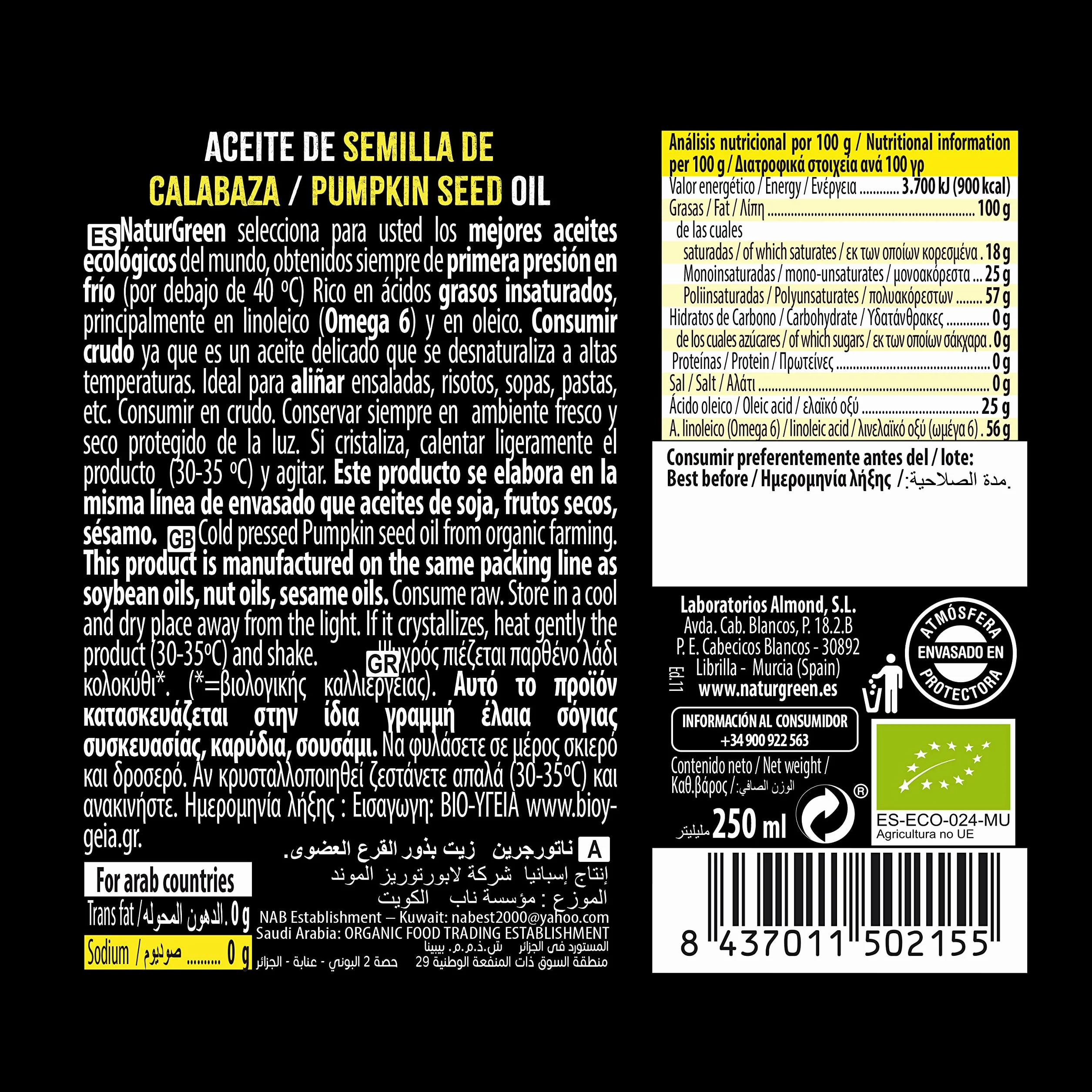Aceite de Calabaza Bio NaturGreen 250 ml Pack 6