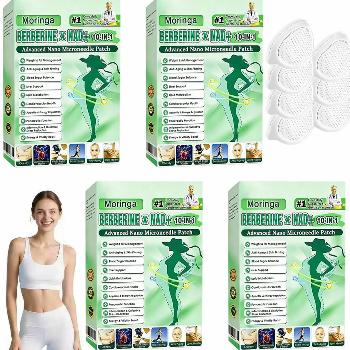 Moringa 10 en 1 Parches con Nano Microaguja y Berberina para Adelgazar, Parche Natural 2026, 4 Cajas