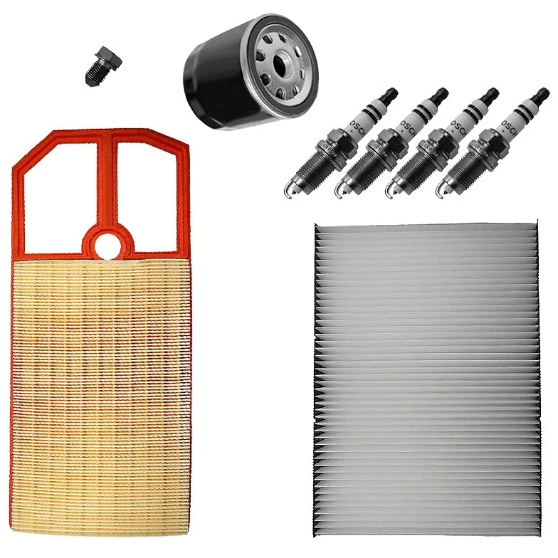BESTPRICE Paquete de inspección juego de filtros con 1x filtro de habitáculo (filtro de polen), 1x filtro de aceite, 1x tapón de vaciado de aceite con junta, 4x bujía de encendido