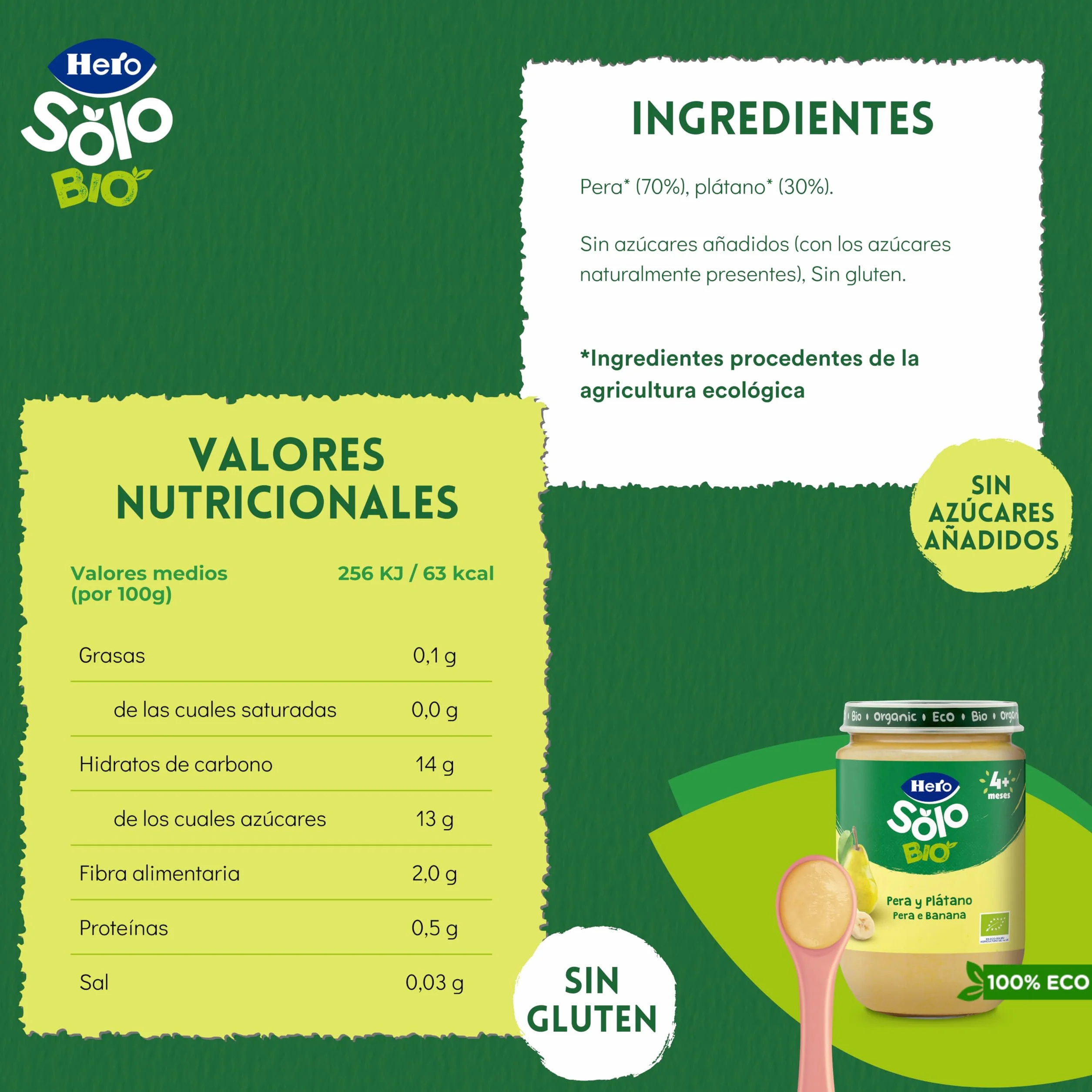 Hero Solo Bio Tarritos de Pera y Plátano 100% Ecológico para Bebés 4 Meses Pack 12 x 190 g