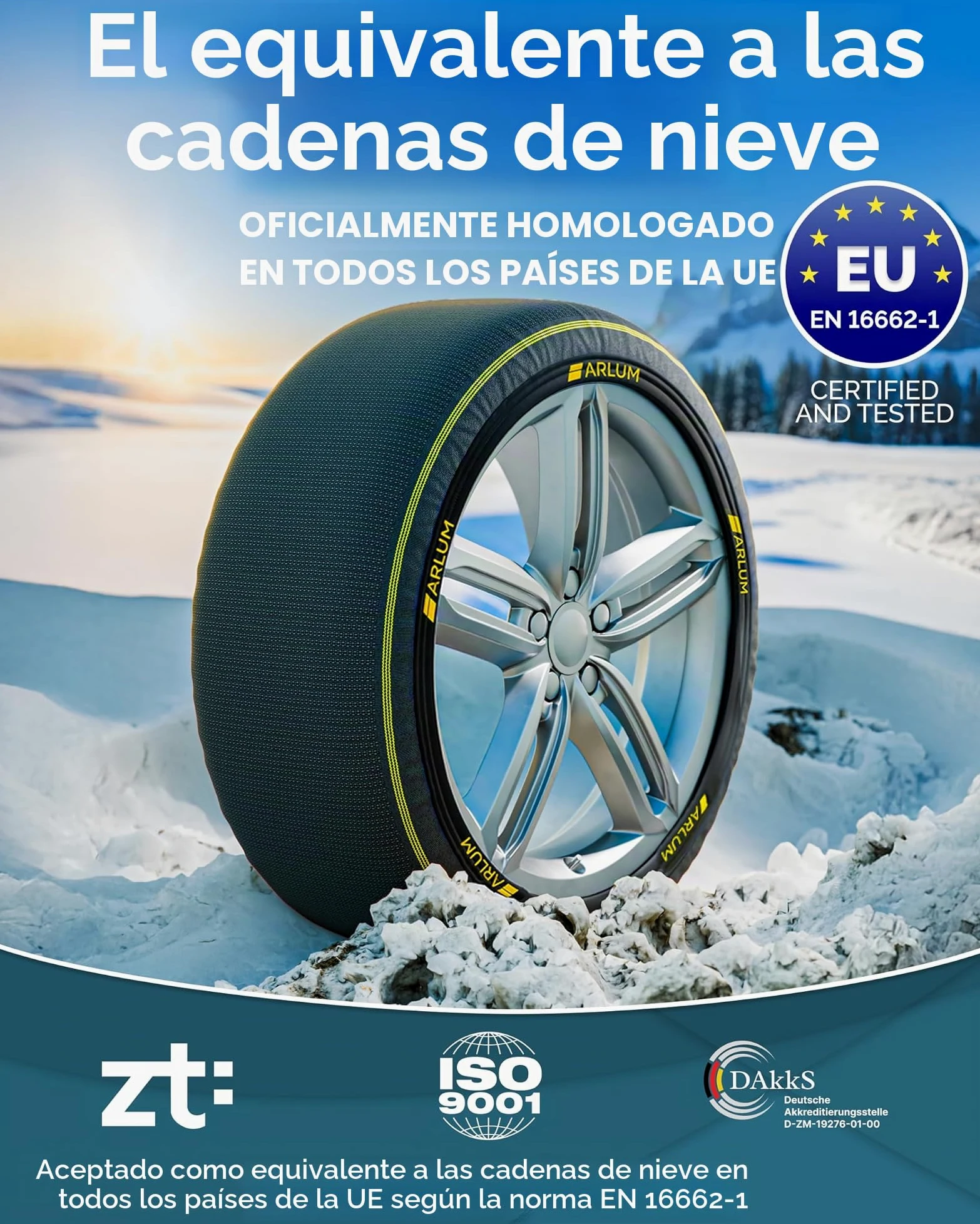 ARLUM Cadenas de Nieve Textiles Homologadas EN 16662-1 /// ArcticPro Cadenas Coche Nieve Textil, Fáciles de Instalar, Conducción Silenciosa y Máx. Seguridad - Medidas Det. en el Int. (ArcticPro, XL)