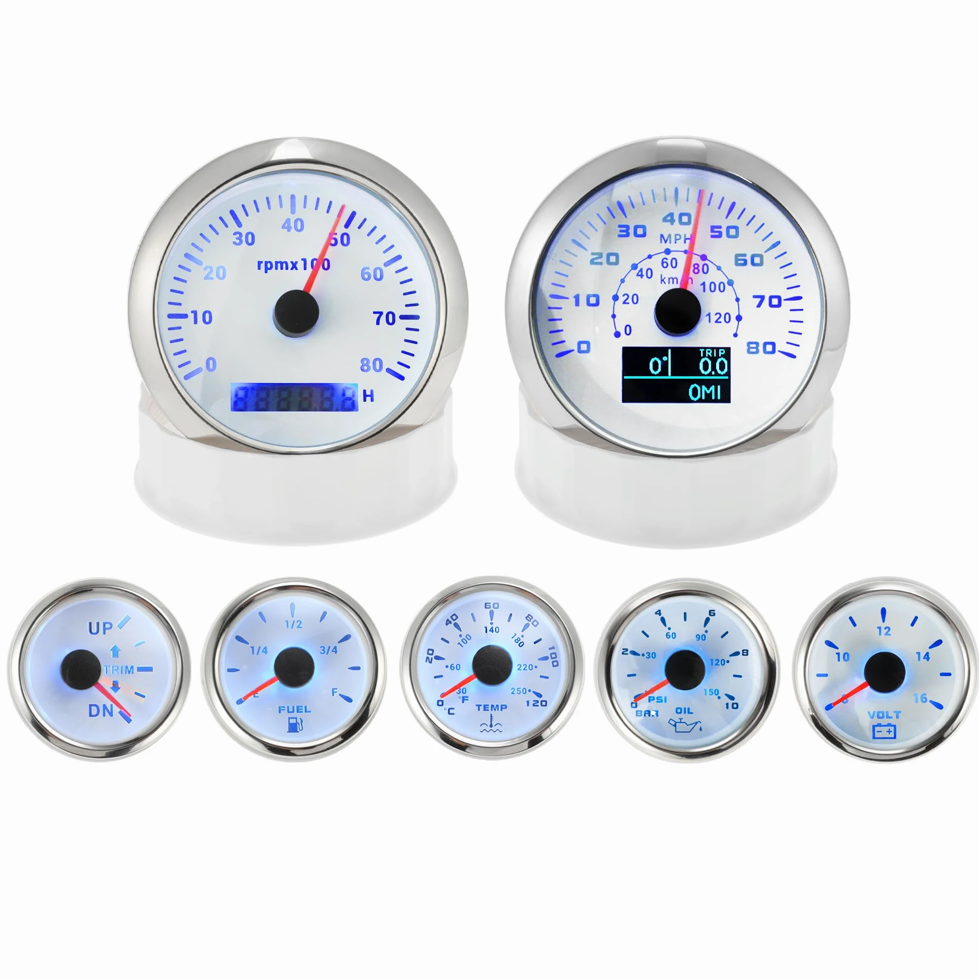 Motoforti 7 Juego 3-3/8" 85mm GPS Velocímetro Tacómetro, 2-1/16" 52mm Aceite Presión, Combustible Nivel, Agua Temperatura, Voltímetro Ajuste Impermeable Marino Barco Indicadores Kit Blanco