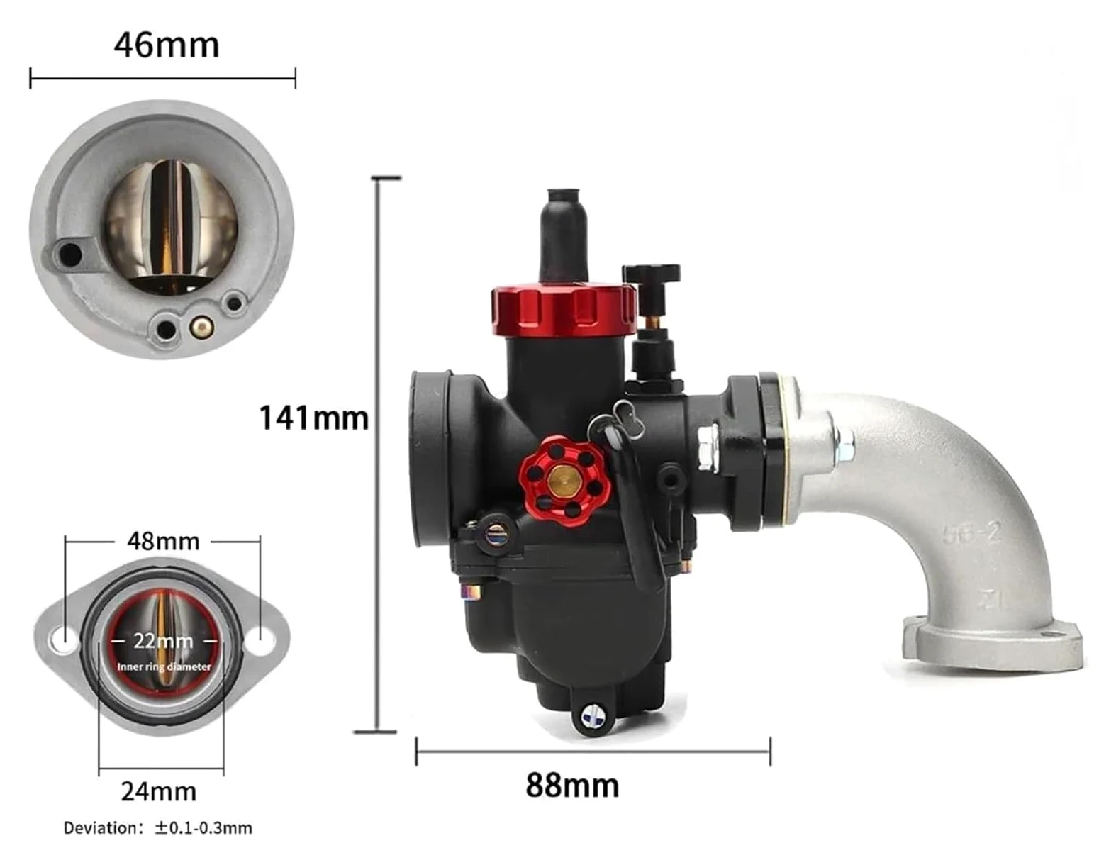 2T 4T Kit De Carburador para Motocicleta con Brida PE Y Tubo Entrada Curva Juego Codos Aire Frío Inyectores Carburador Repuesto Moto(22mm Black Kit)