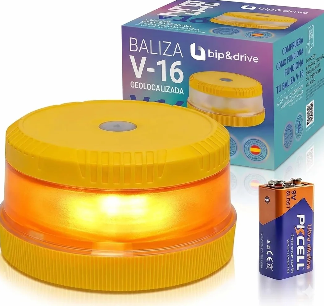 Baliza V16 Homologada DGT Geolocalización Luz Emergencia Coche LED 360° 1km Conectada Plataforma DGT 3.0 Resistente Lluvia Base Imantada Bip&Drive