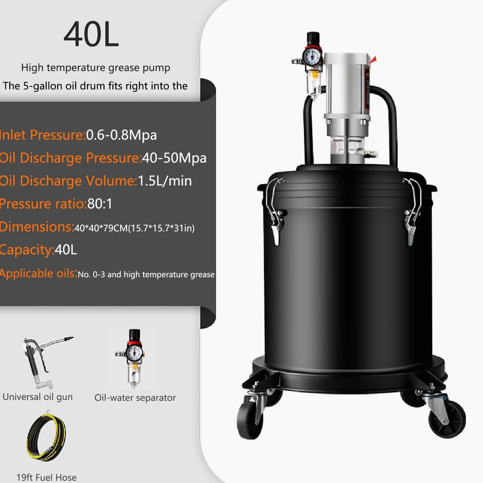 Bomba de grasa de alta temperatura para cubos de 5 galones, funcionamiento neumático con salida de 1,5 l/min, adecuada para todas las estaciones
