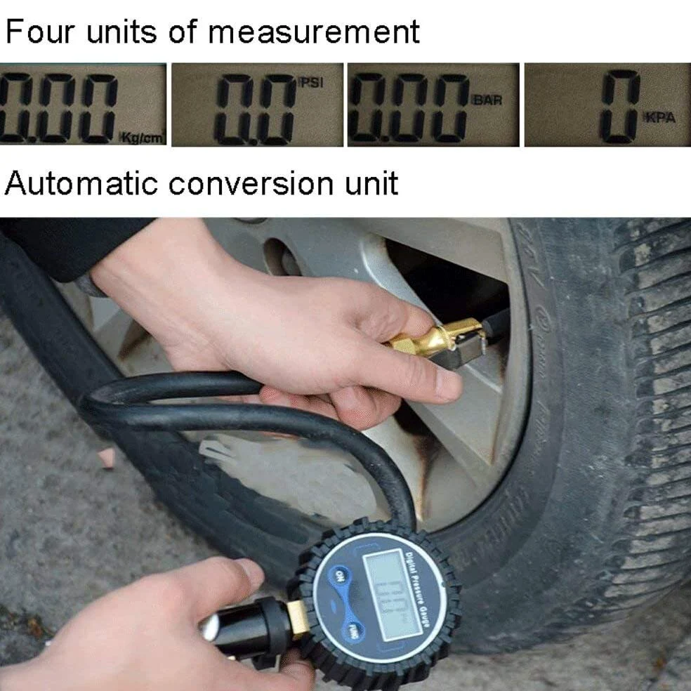 Inflador de neumáticos Digital con manómetro, Mandril de Aire de 200 PSI y Accesorios de compresor Manómetro Digital electrónico de Alta Resistencia Presión de neumáticos