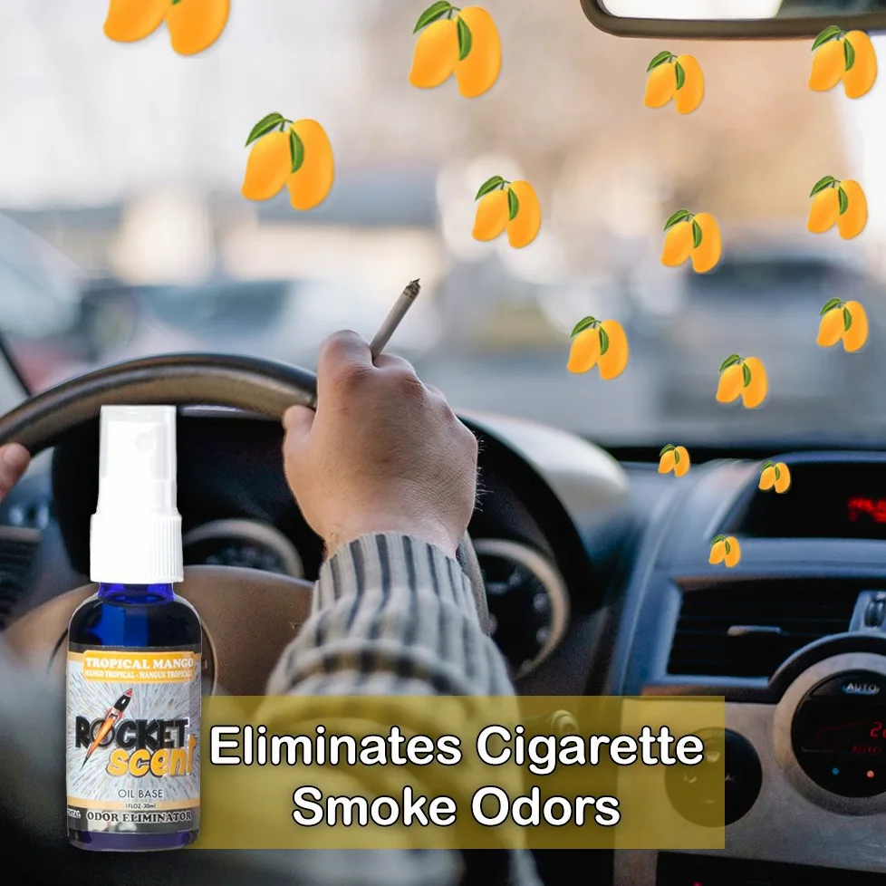 Rocket Scent, ambientadores de aceite + eliminador de olores y humo + hogar, coche, oficina, baño, desodorizador + coche nuevo, mango, lino fresco, aroma a polvo + paquete de 4 unidades