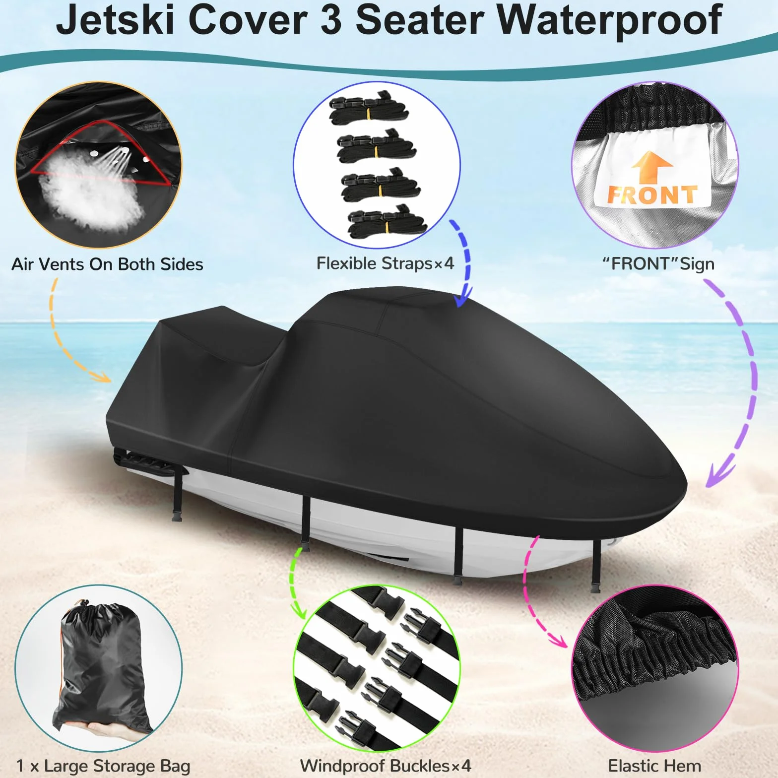 Funda para moto acuática 420D resistente al agua de 3 plazas, cubierta Waverunner mejorada con 2 rejillas de ventilación, 4 hebillas resistentes al viento, funda universal para todo tipo de clima para