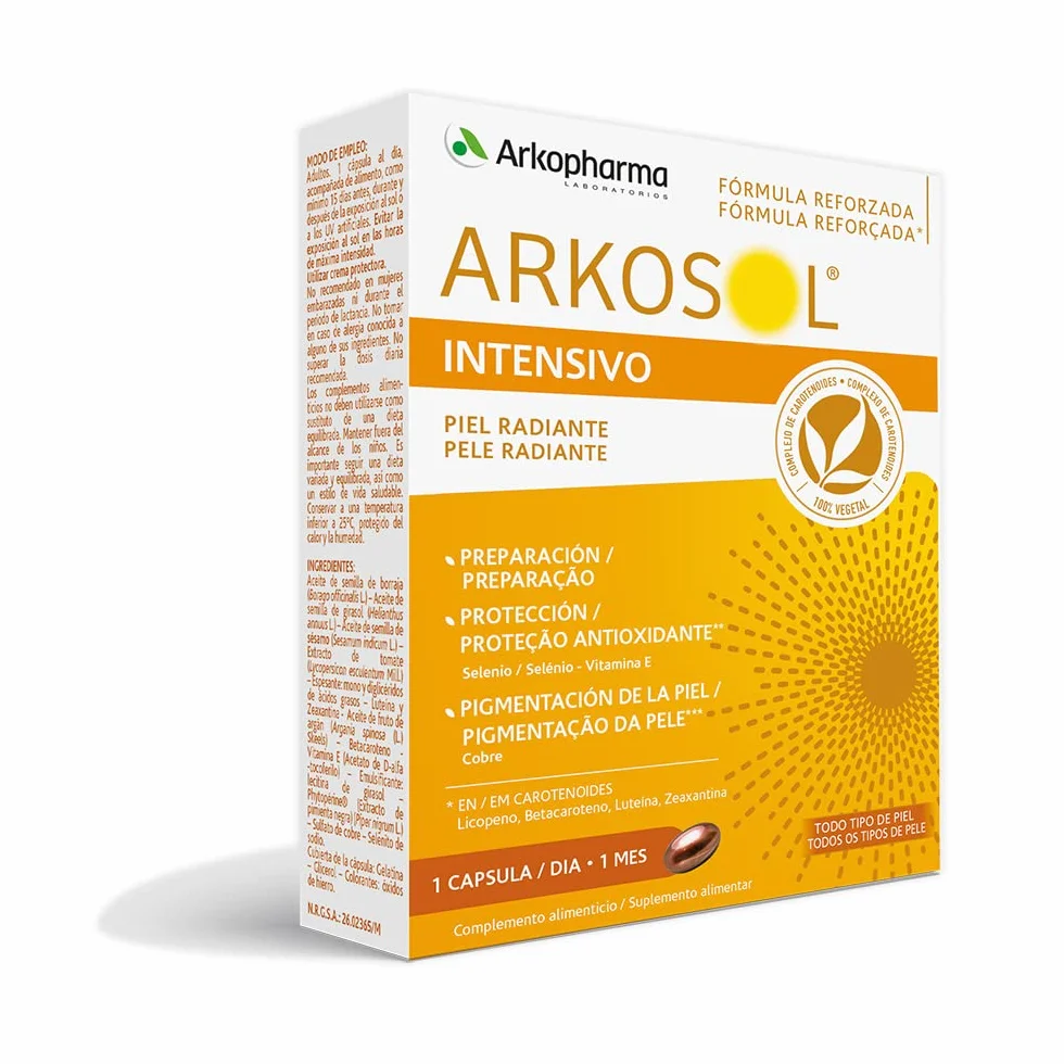 Arkopharma Arkosol Intensivo 30 Perlas Betacarotenos Cobre Vitamina E Selenio Complemento Alimenticio Preparar Piel para el Sol
