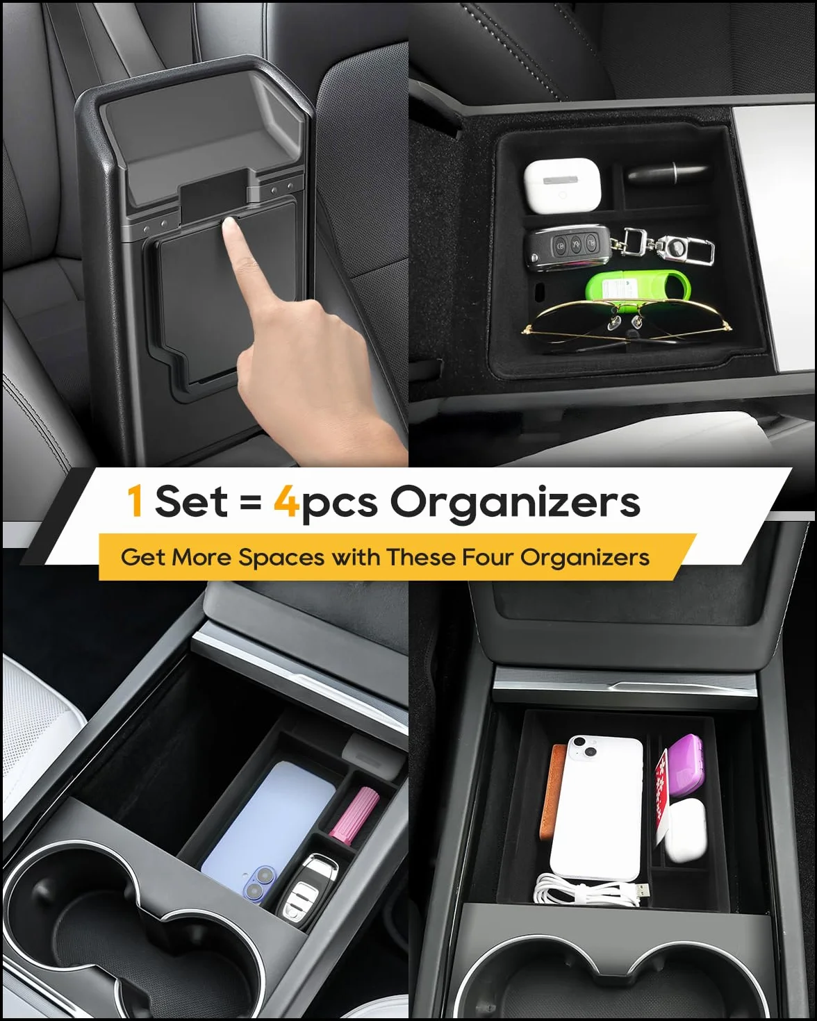 LFOTPP Para Tesla Model Y Juniper 2025 2026 consola central, organizador de reposabrazos, guantera + consola central, caja de almacenamiento oculta, para Tesla Model Y Juniper Accesorios [4 unidades]