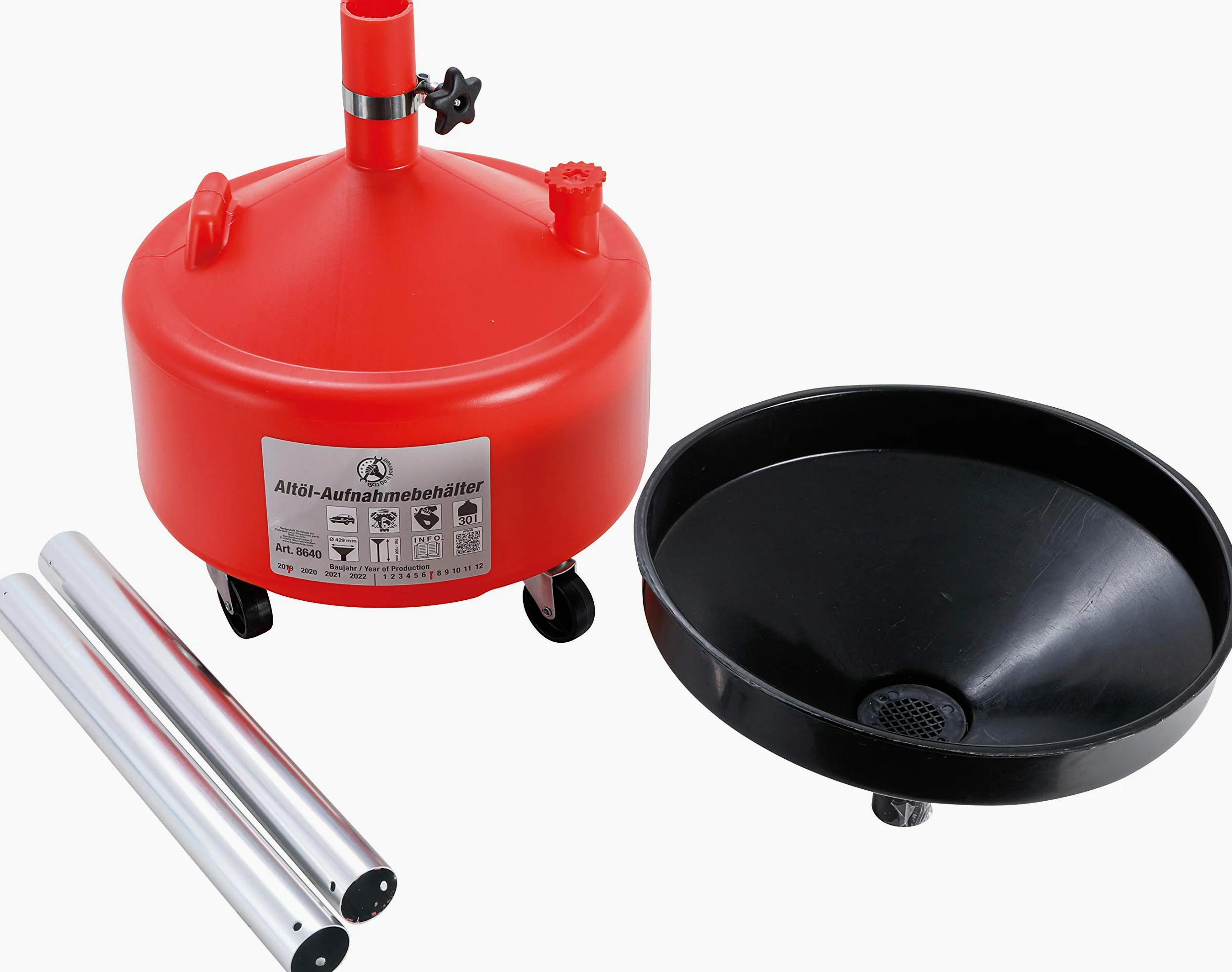 BGS Diy 8640 | Recogedor de aceite usado | 30 l | Embudo de 420 mm de diámetro, altura 1220 – 1520 mm, embudo y recipiente de plástico, tubo de desagüe de acero
