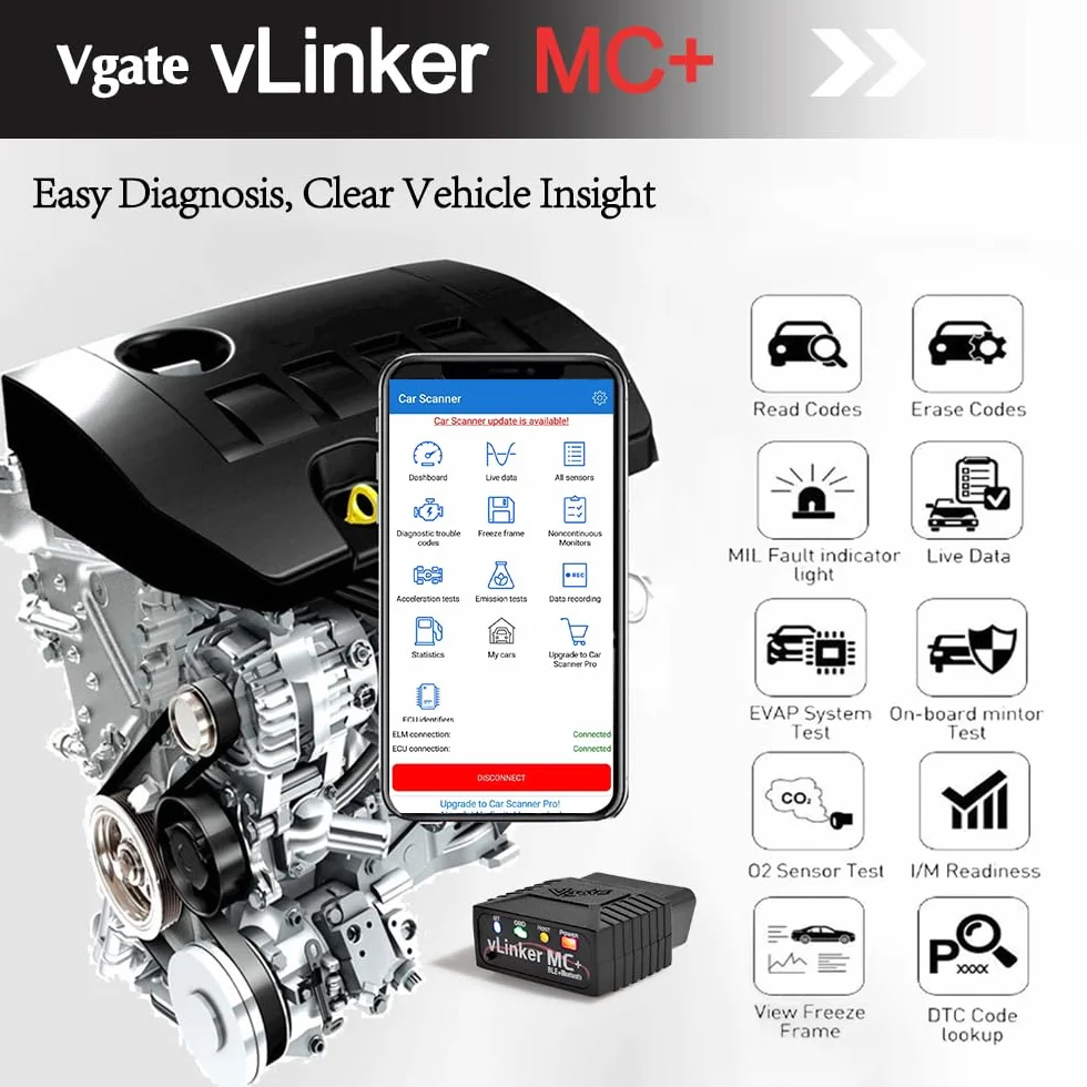 Vgate vLinker MC+ Bluetooth OBD2 Car Diagnostic Scan Tool para iOS, Android y Windows.