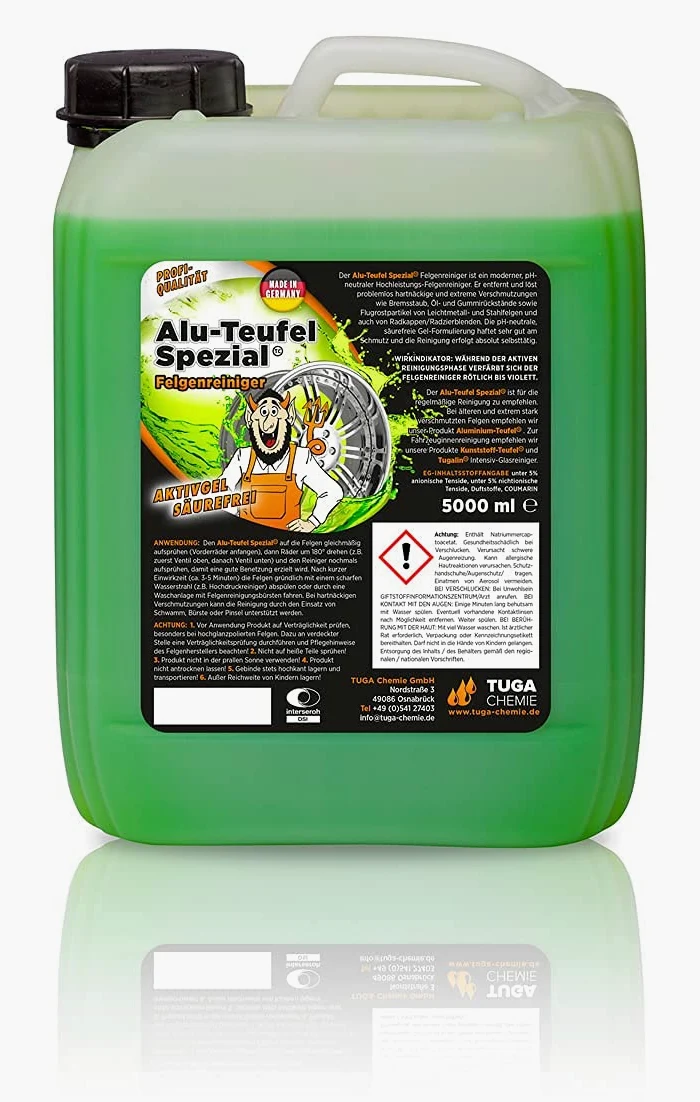 detailmate Juego de limpieza de llantas: 2 x Tuga Chemie Alu Teufel Limpiador de llantas 5L + Nuke Guys Shiny Wheels + Edgeless Microfibra Gamuza 380GSM
