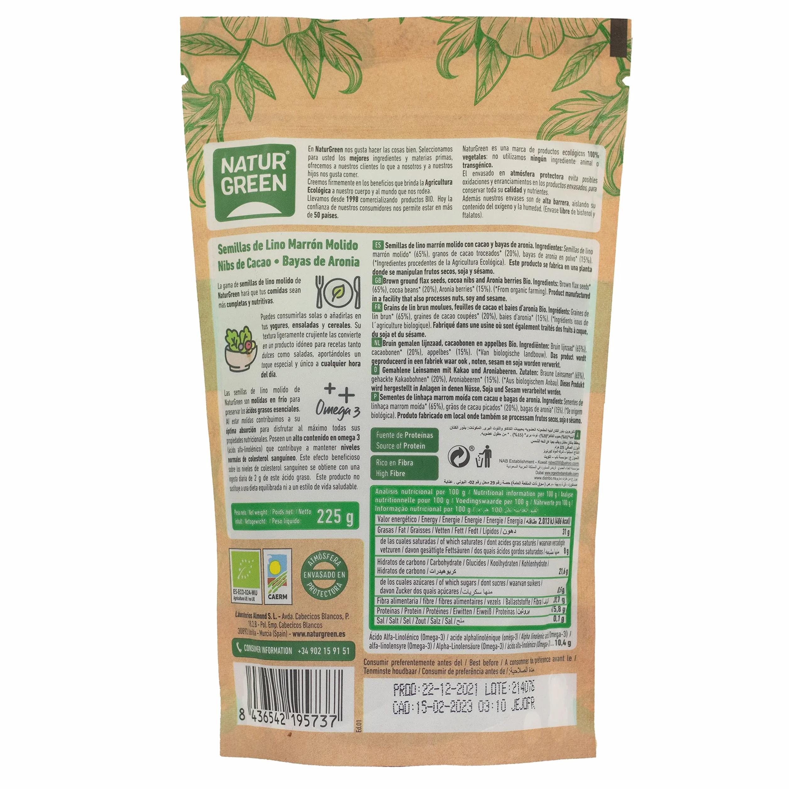 Lino Molido, Nibs de Cacao y Aronia Bio 225 g