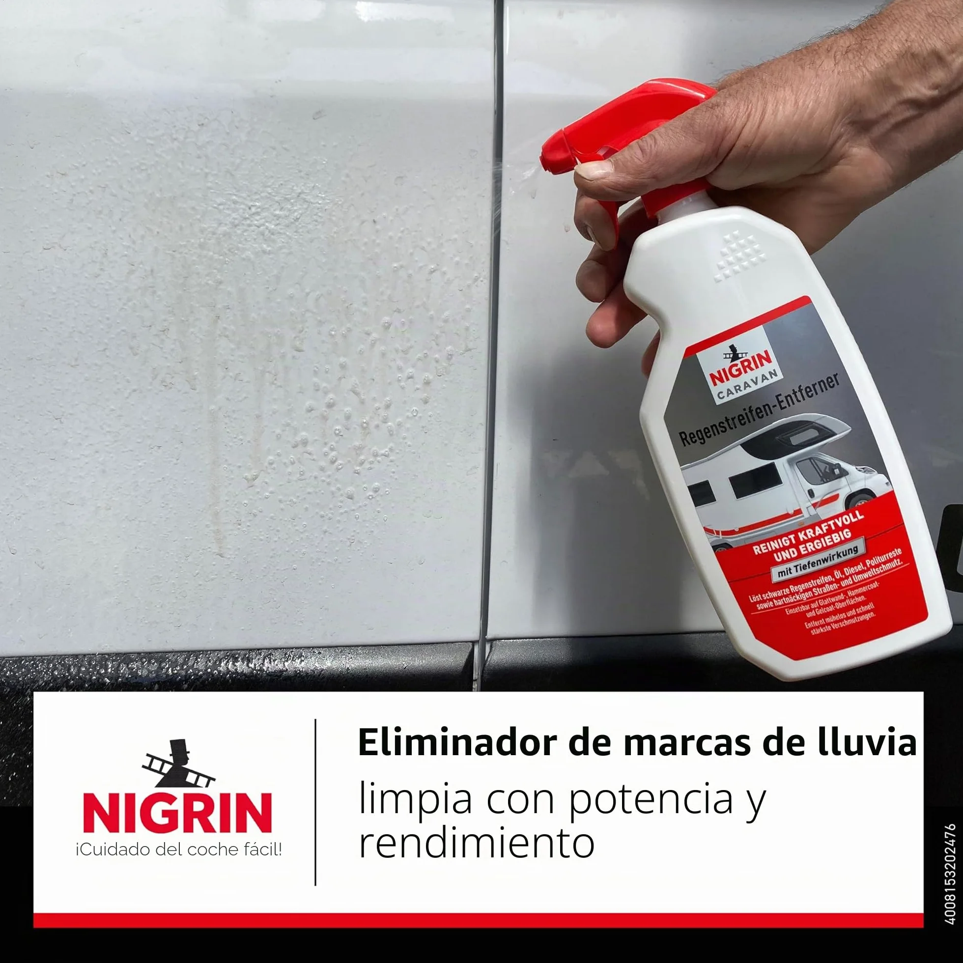 NIGRIN Caravan - Eliminador de tiras de lluvia para superficies de pintura y plástico y suelos, 750 ml
