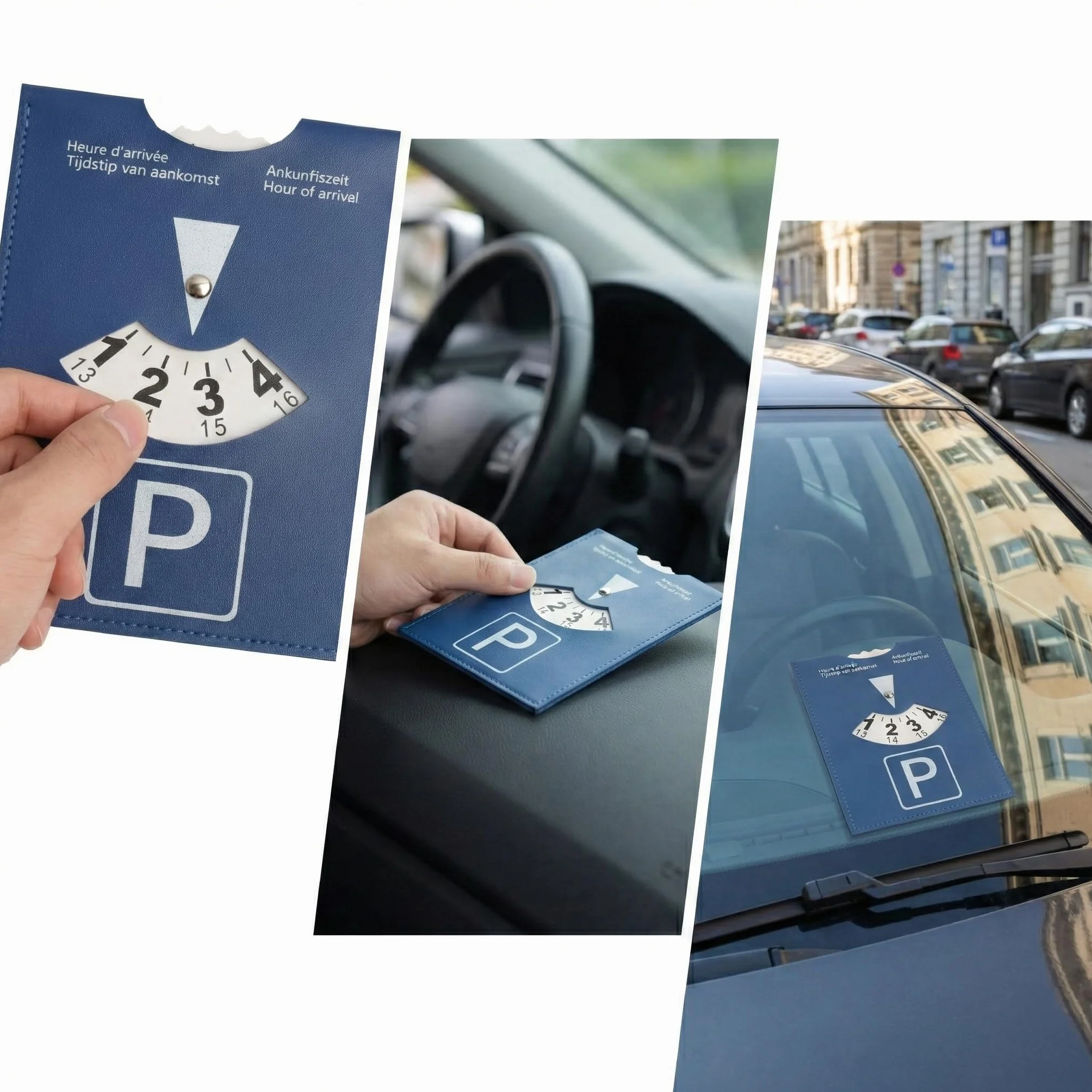 Disco horario Europeo para estacionamiento 1 Unidad Grande 10x13 cm Color Azul en Cuero sintético Suave para Coche Moto y Autocaravana Uso Urbano y Viajes