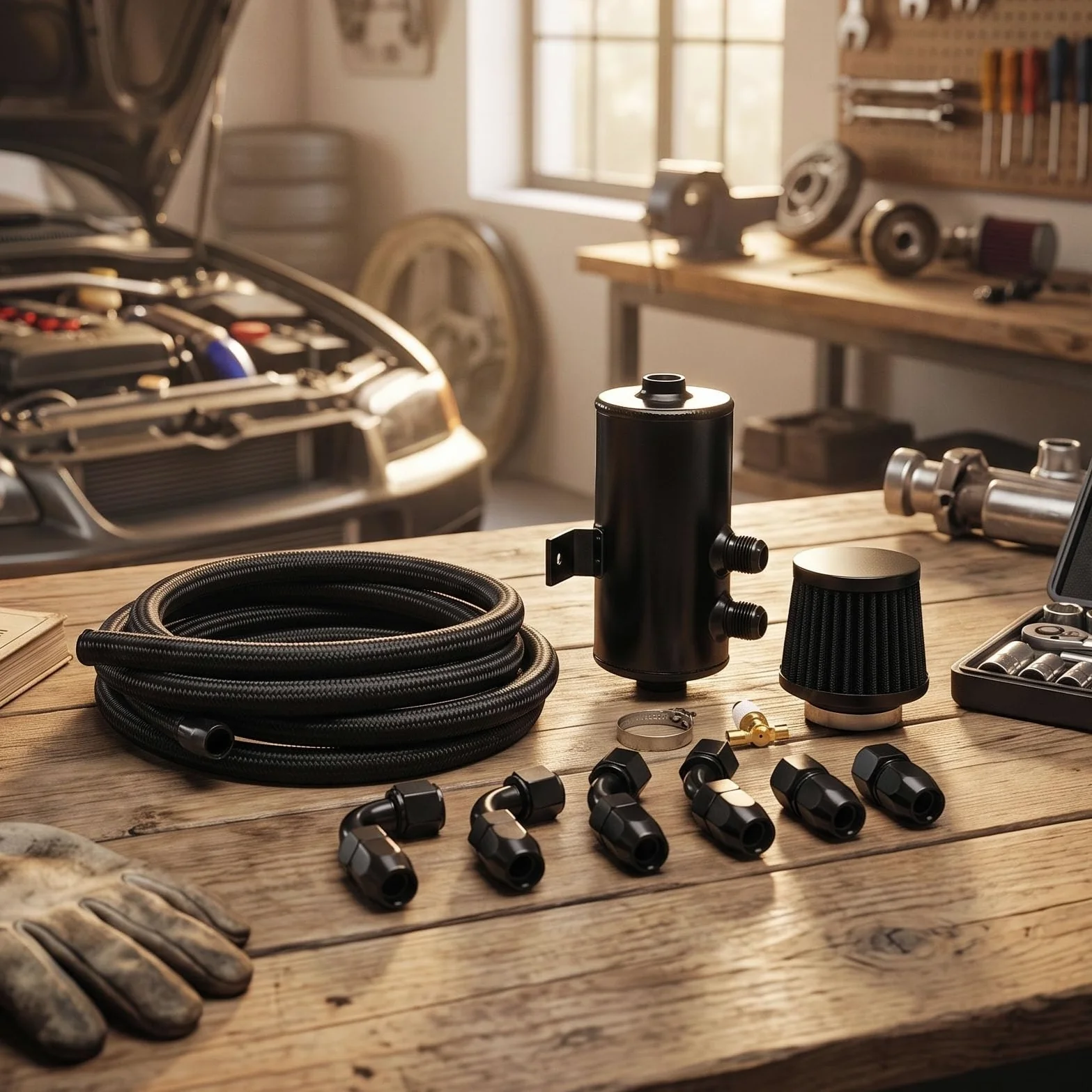 AMONIDA Kit de Lata de Captura de Aceite, Tanque de Ventilación Premium, Manguera AN10 para Actualización Automotriz, Acabado de Aluminio de 750ml (BLACK)