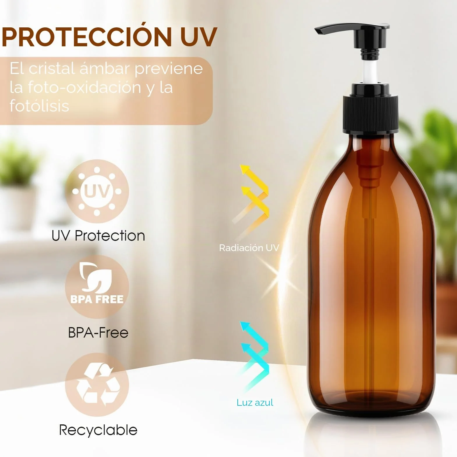Botellas de Spray Vacías 500ml Vidrio Ámbar Pulverizador para Plantas Limpieza Peluquerías