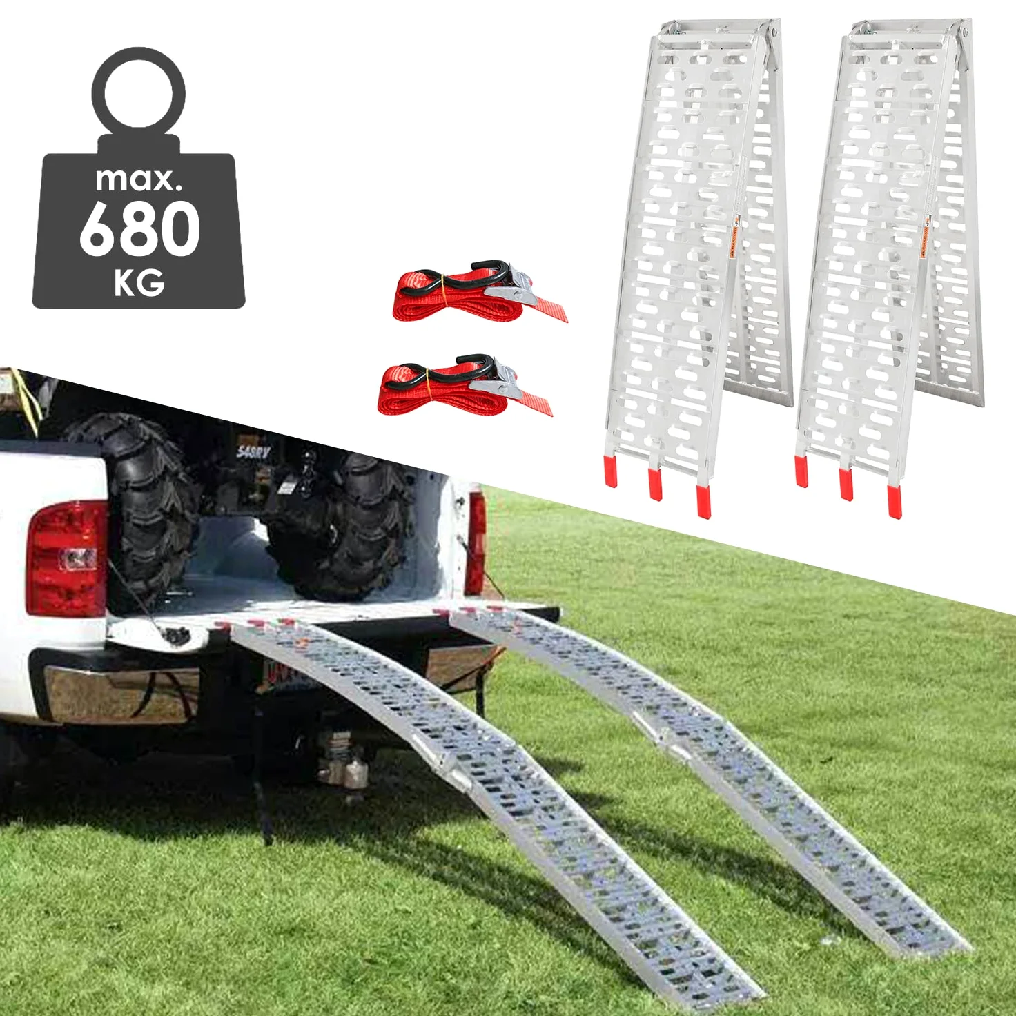 2 rampas de carga 400 kg, carril de carga de acero galvanizado, aluminio, antideslizantes, para motocicleta, cortacésped, tractor de césped, longitud 160 cm