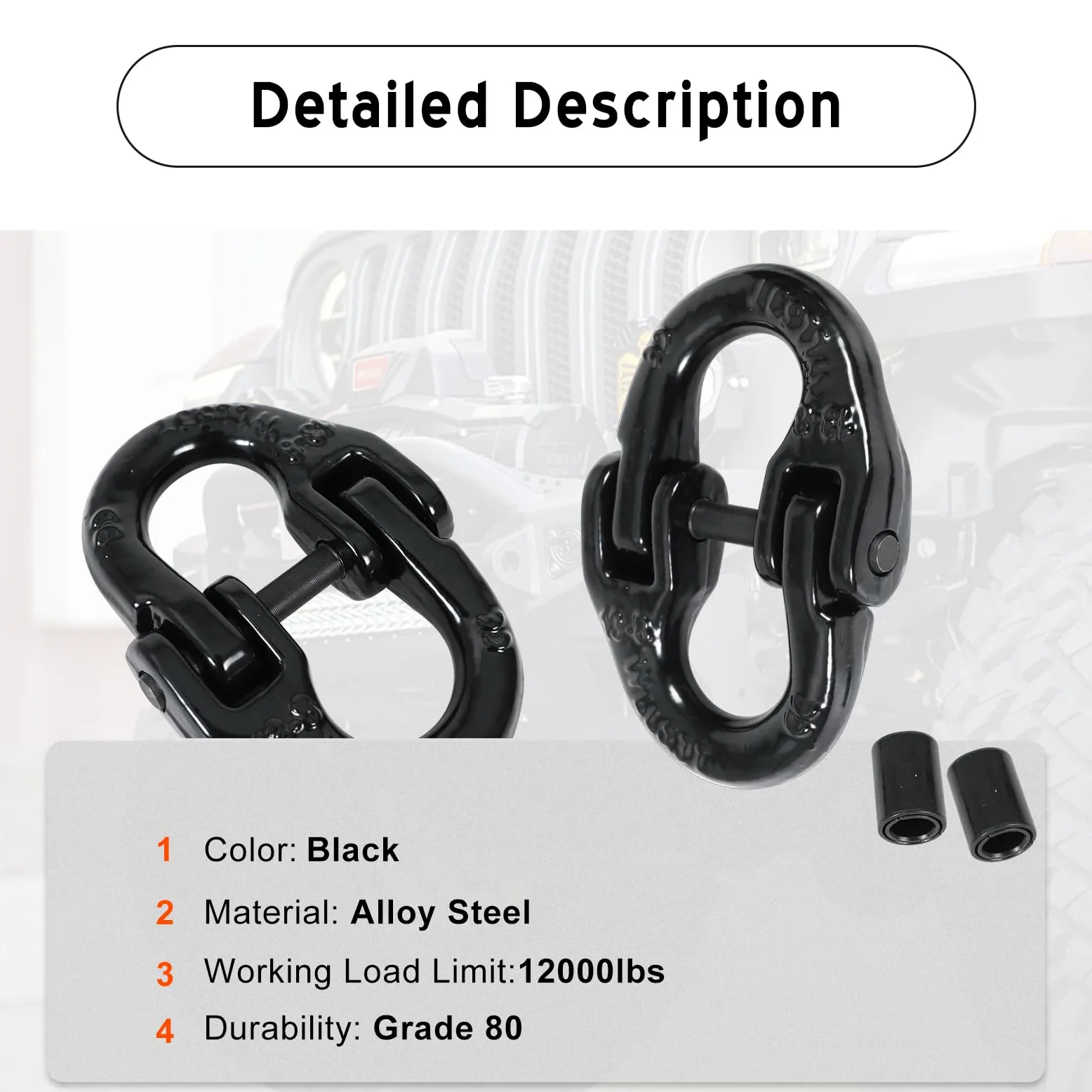 2 eslabones de Acoplamiento de 1,27 cm Grado 80, Enganche de Remolque, Bloqueo de Martillo de Cadena de Seguridad para camión, Color Negro