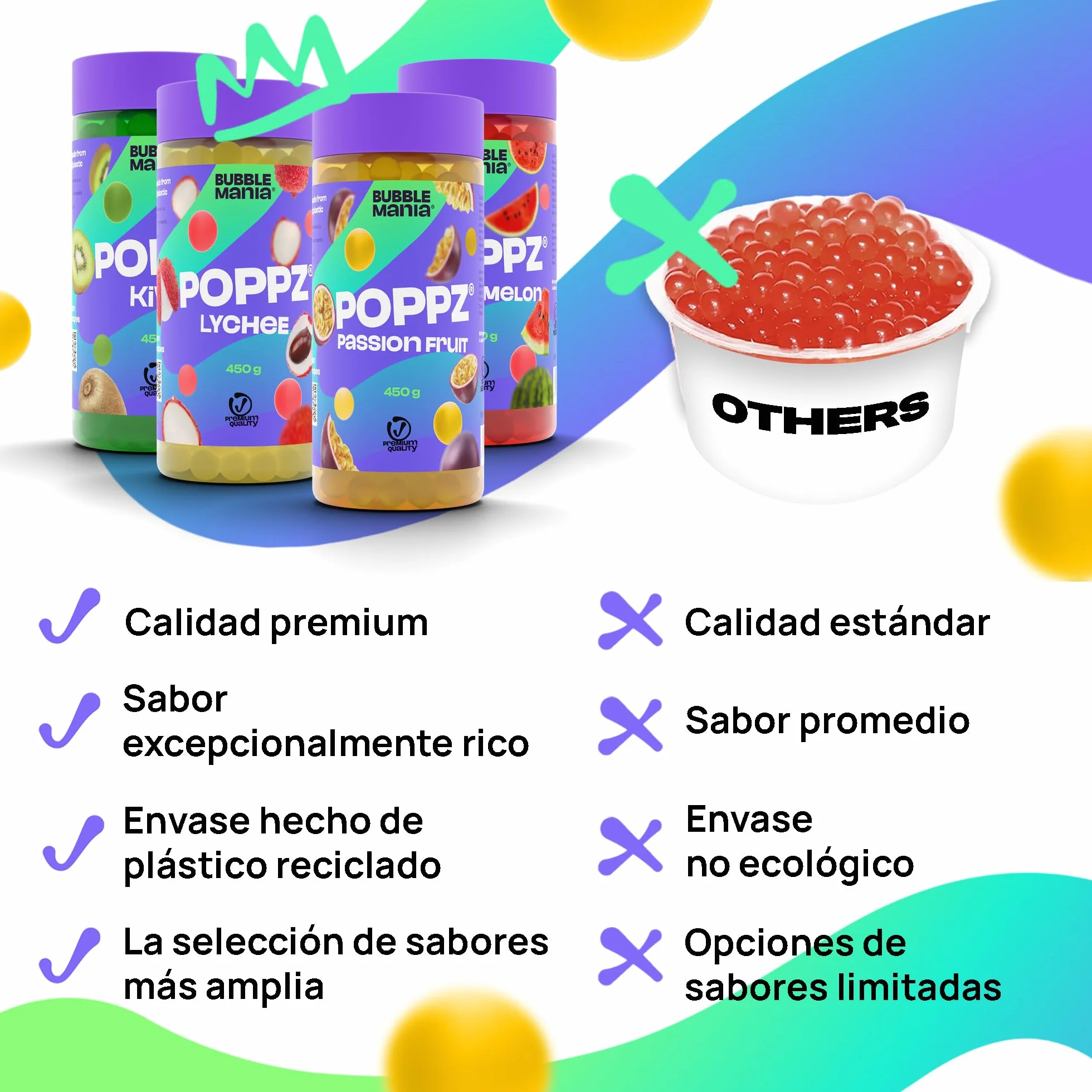 BubbleMania Set de Bubble Tea Boba Popping Perlas de Tapioca 4 Paquete Maracuyá Lichi Kiwi Sandía