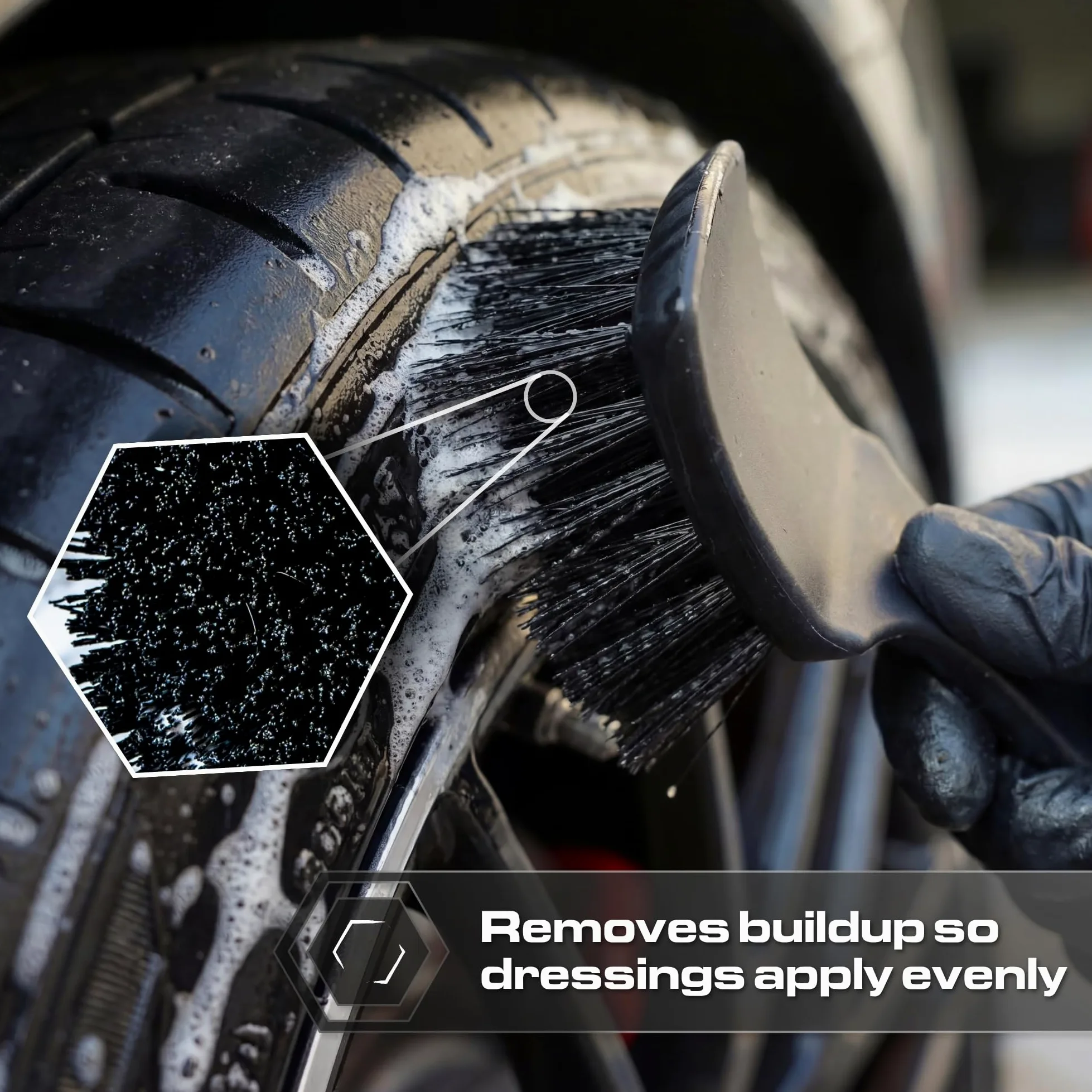 Blackline Cepillo de neumáticos de cerdas rígidas, herramienta de detalles de coche resistente para neumáticos, cepillo de limpieza profunda de alto rendimiento, ideal para eliminar suciedad y