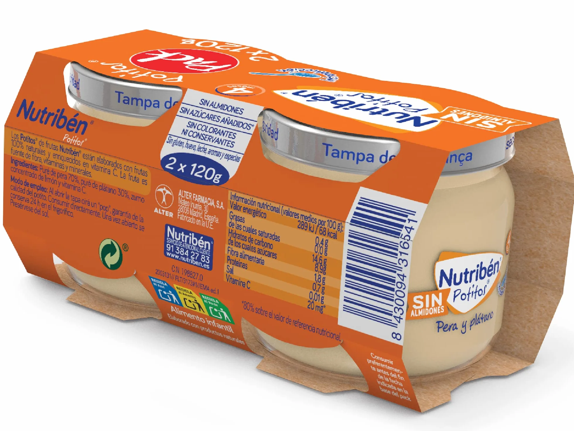 Nutribén Ecopotitos de Pera y Plátano, 100% Fruit, Organic, From 6 Months, Pack of 6 x 120 gr