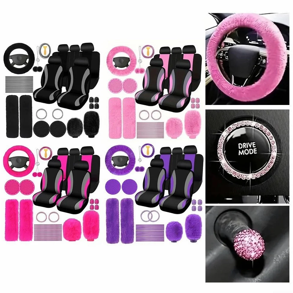 Juego completo de 45 accesorios para coche, incluye fundas de felpa para volante y palanca de cambios para mayor comodidad (morado)