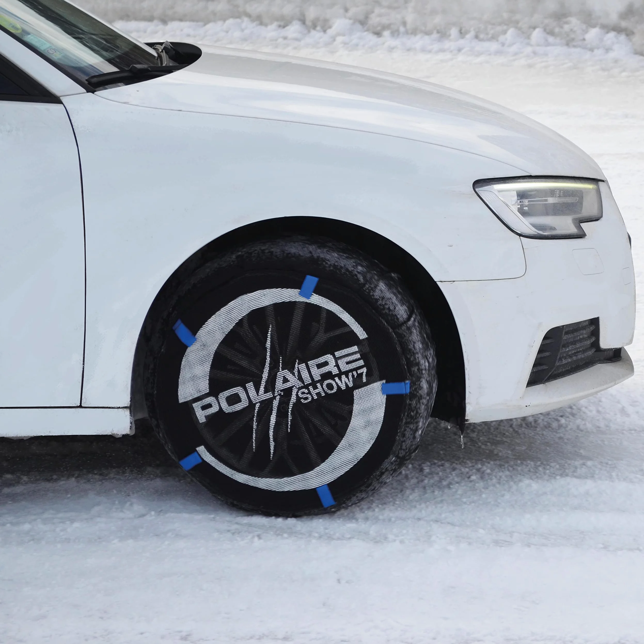 Polaire SHOW 7 – Par de cadenas textiles para nieve de alta resistencia para vehículos utilitarios ligeros y 4 x 4 – Tipo calcetín – Silencioso y ligero – Incluye caja de transporte y guantes