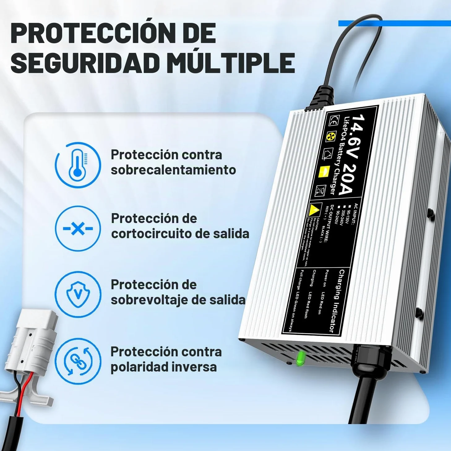 14,6V 20A Cargador de batería LiFePO4 para baterías Recargables de Ciclo Profundo de fosfato de Hierro y Litio de 12V (12,8V)