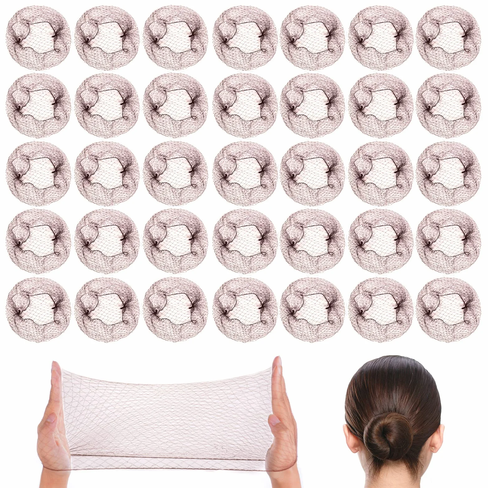 URAQT Redecilla Pelo 35pcs Moño Ballet Niña Borde Elástico Nylon Accesorio Peinado Café Marrón