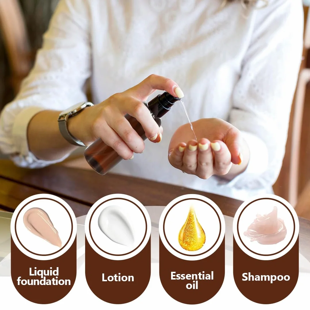 IKOPFLN 6 botellas vacías de vidrio marrón con bomba negra para aceite esencial, viaje, crema y loción