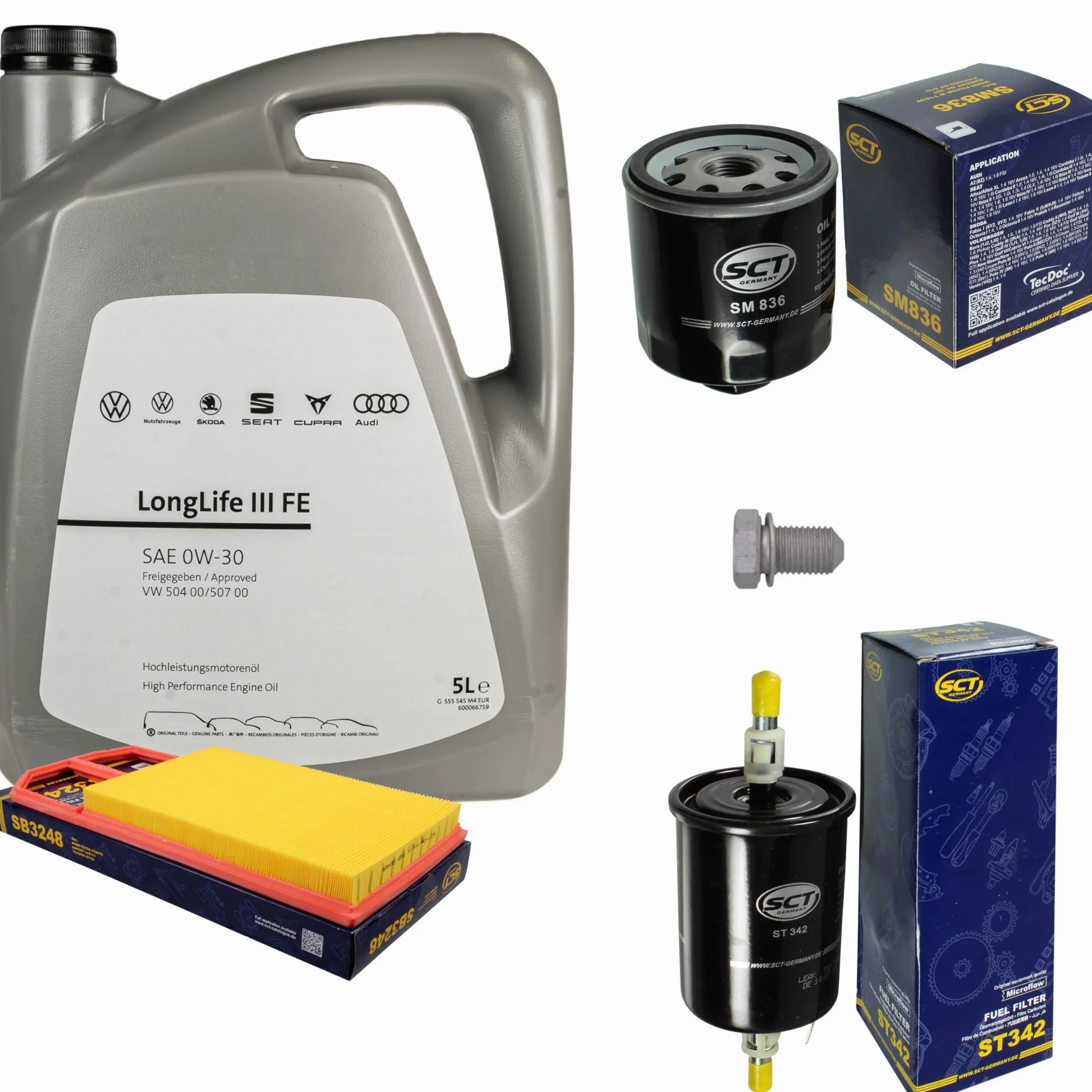 Paquete de inspección Kit de mantenimiento con 5 L 0W-30 aceite de motor LongLife 3 FE, filtro de aceite, filtro de aire, filtro de combustible, tapón de drenaje de aceite